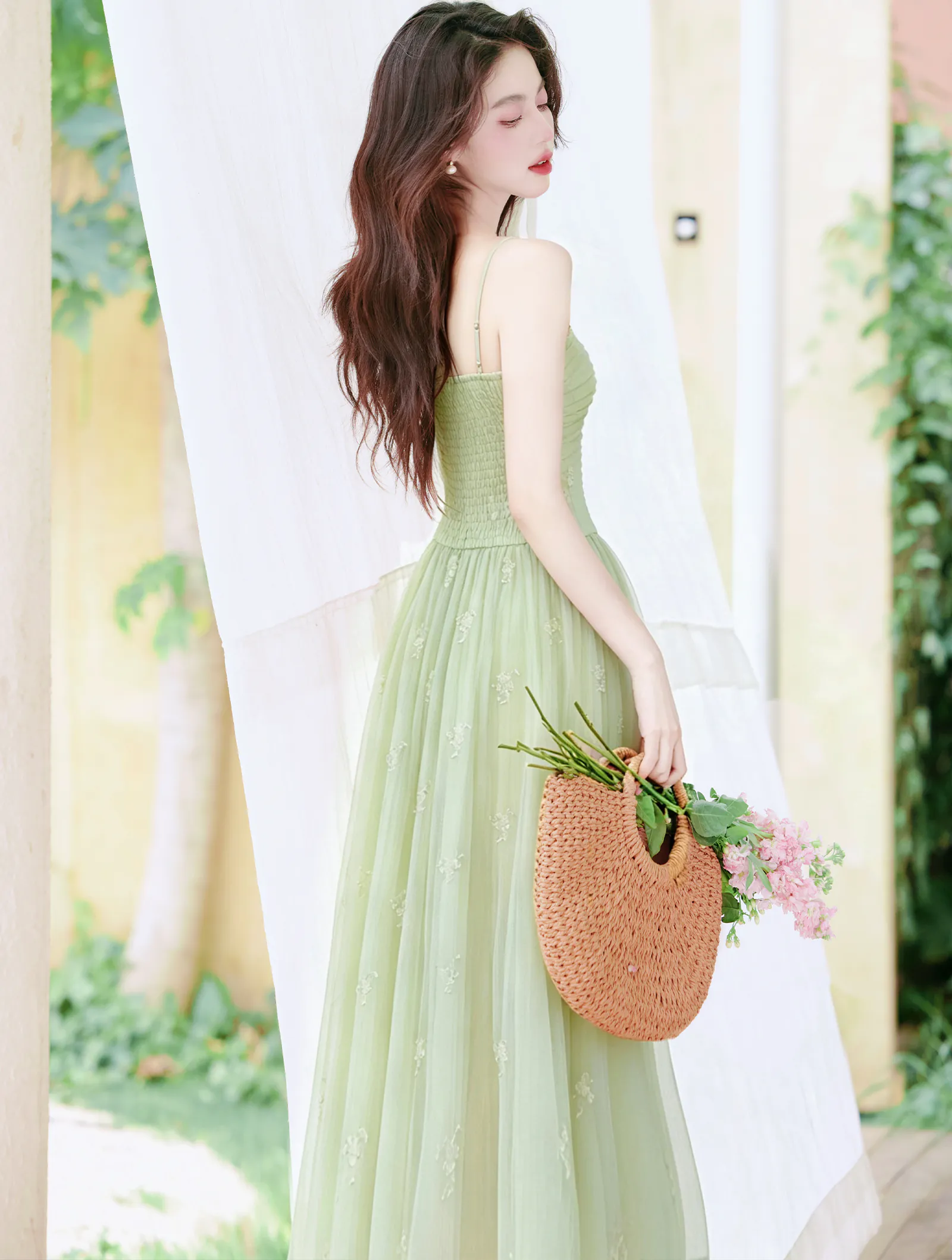 Sage Green Ruched Bodice Mesh Cami Dress with Knit Shrug 2-Piece Set06 Sage Green Ruched Bodice Mesh Cami Dress with Knit Shrug 2 Piece Set06