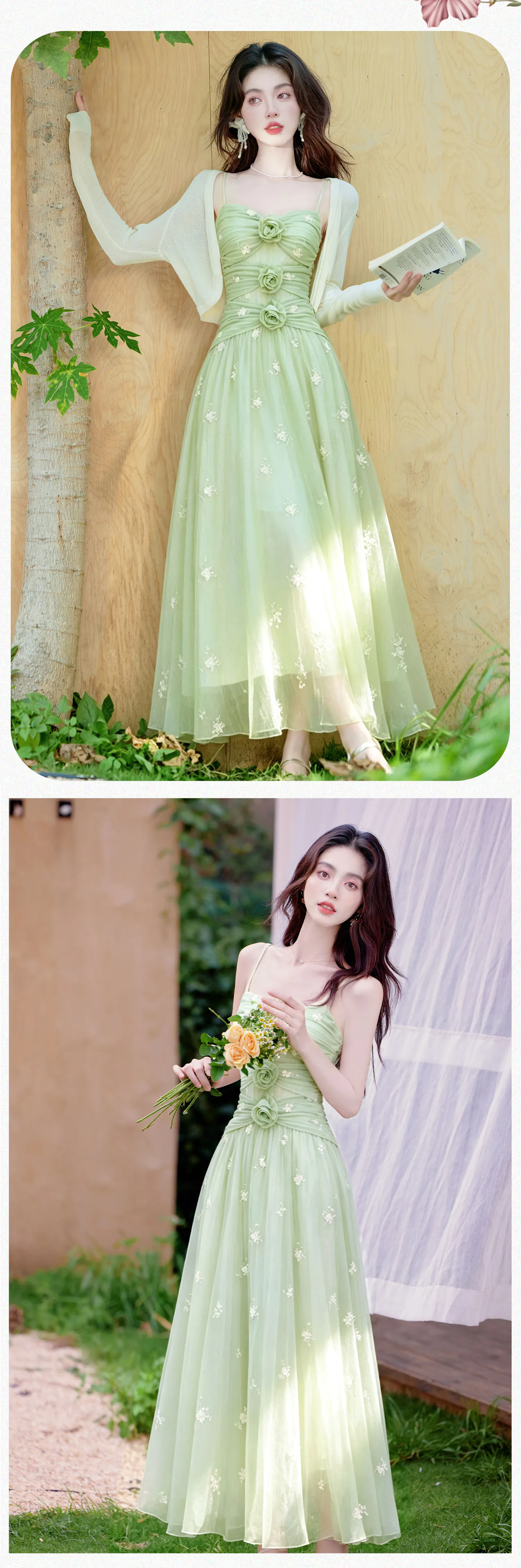 Sage-Green-Ruched-Bodice-Mesh-Cami-Dress-with-Knit-Shrug-2-Piece-Set12