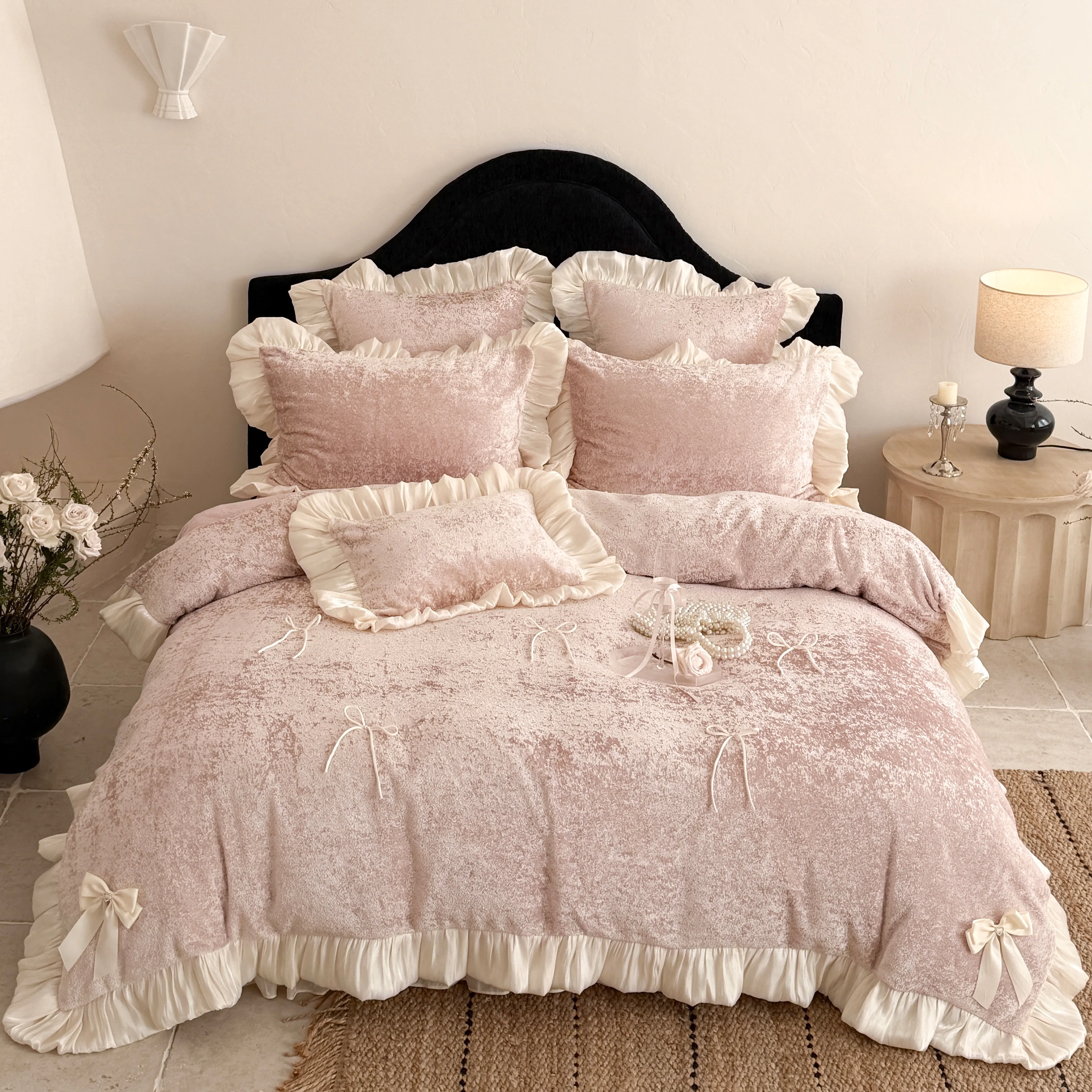 Ultra Soft Solid Color Matte Milk Velvet Flannel Bedding Set with Bow Ties01