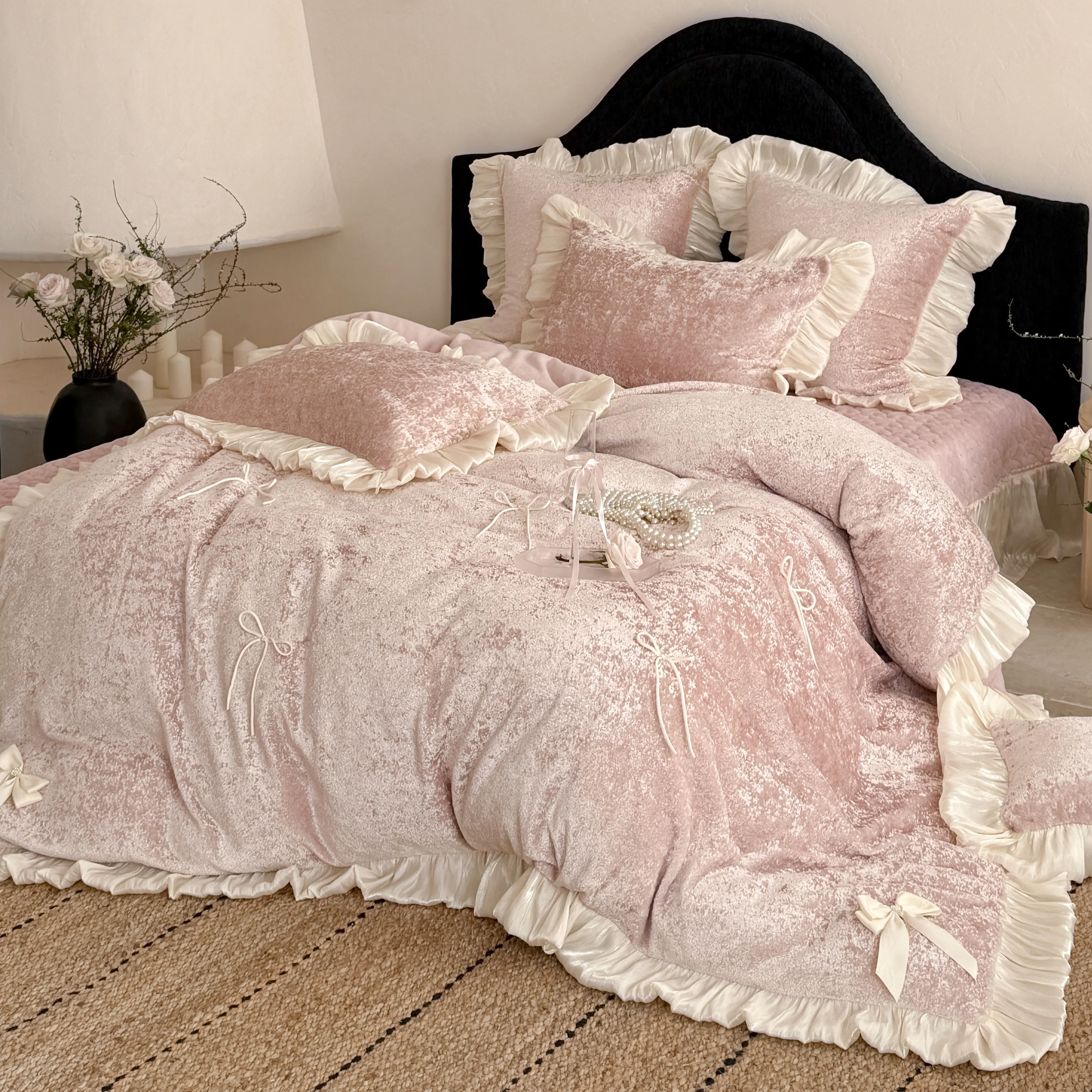 Ultra Soft Solid Color Matte Milk Velvet Flannel Bedding Set with Bow Ties02
