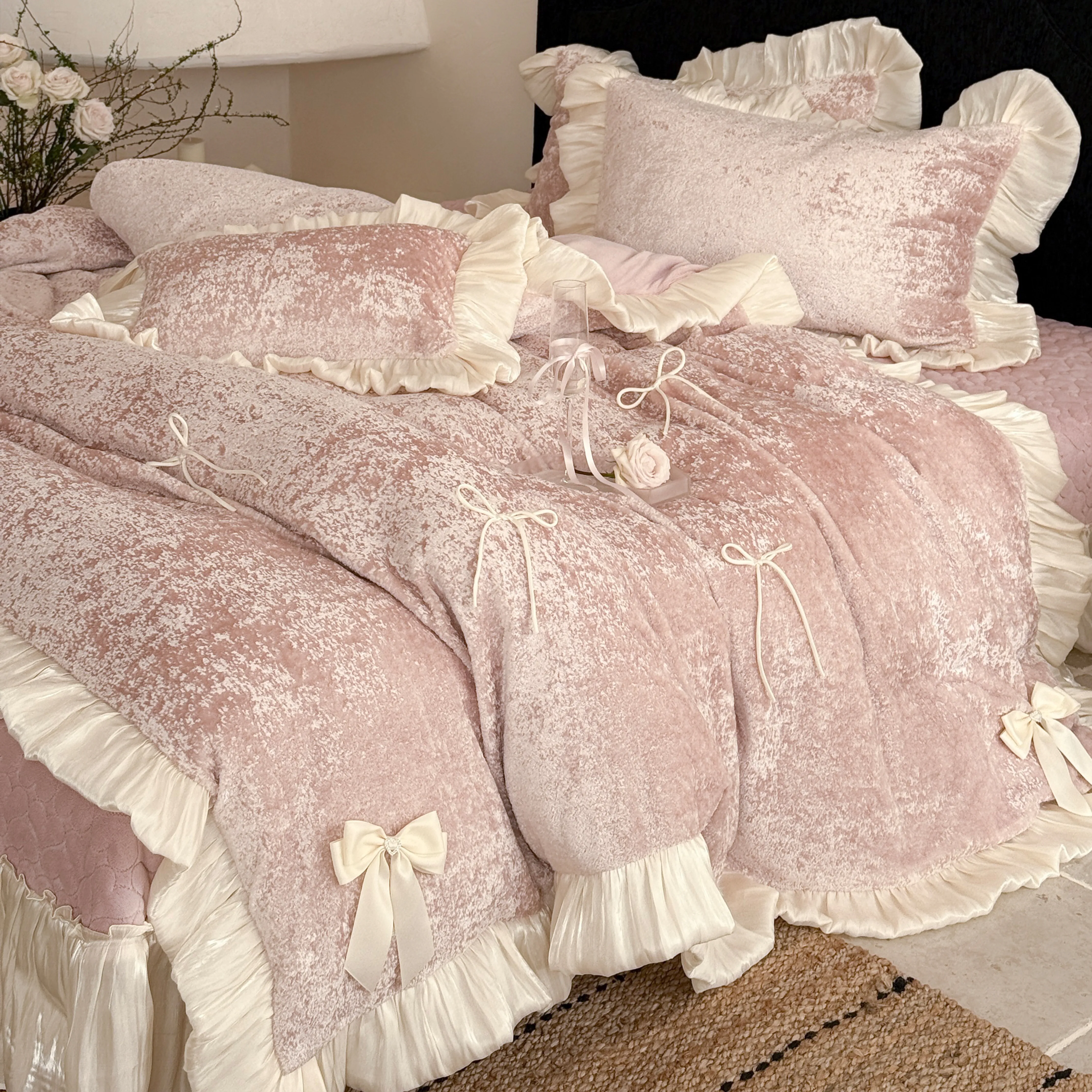 Ultra-Soft Solid Color Matte Milk Velvet Flannel Bedding Set with Bow Ties05 Ultra Soft Solid Color Matte Milk Velvet Flannel Bedding Set with Bow Ties05