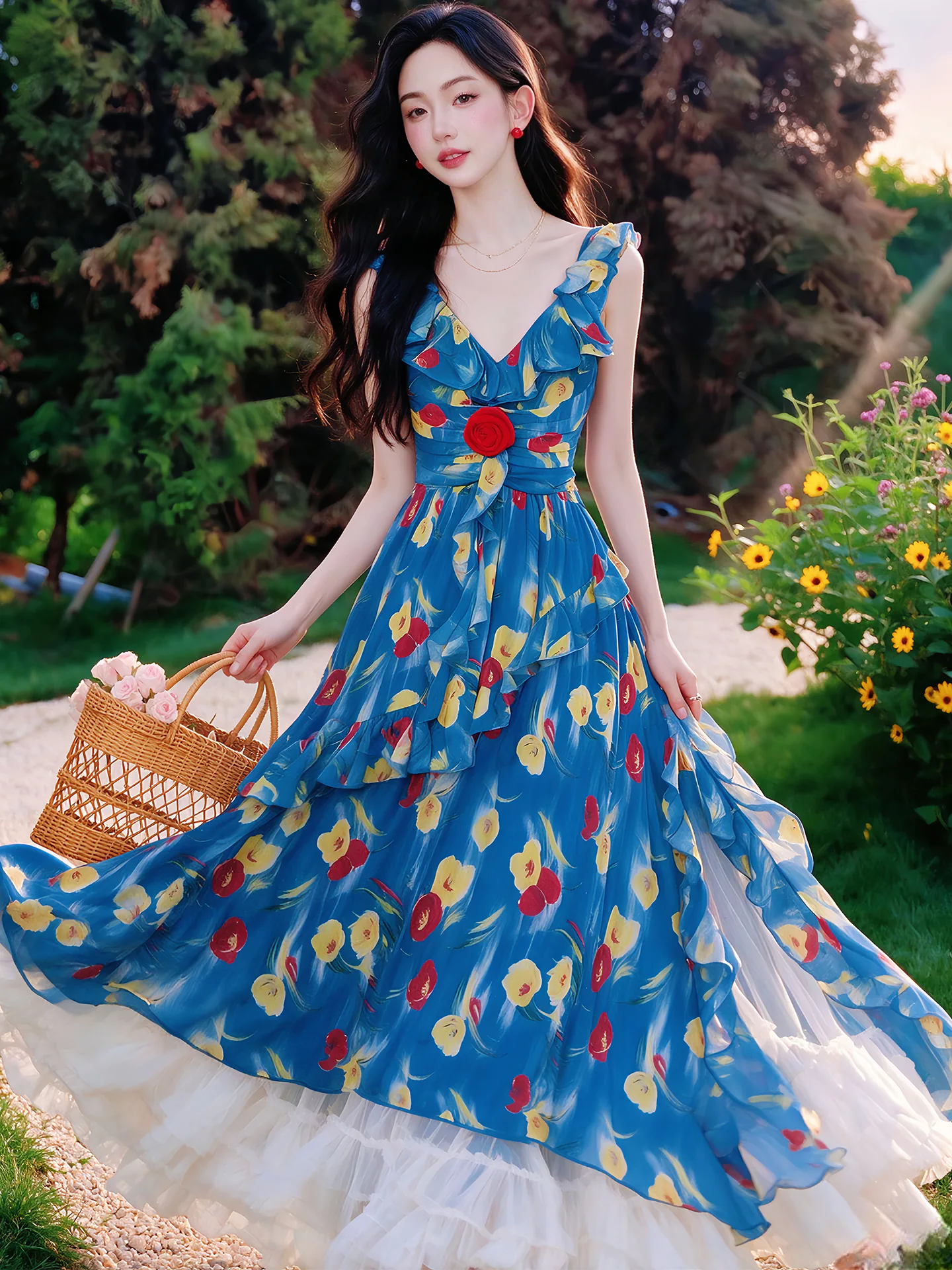 Vibrant Blue Floral Ruffle V Neck Slip Dress with Apricot Tulle Skirt 2 Piece Set01