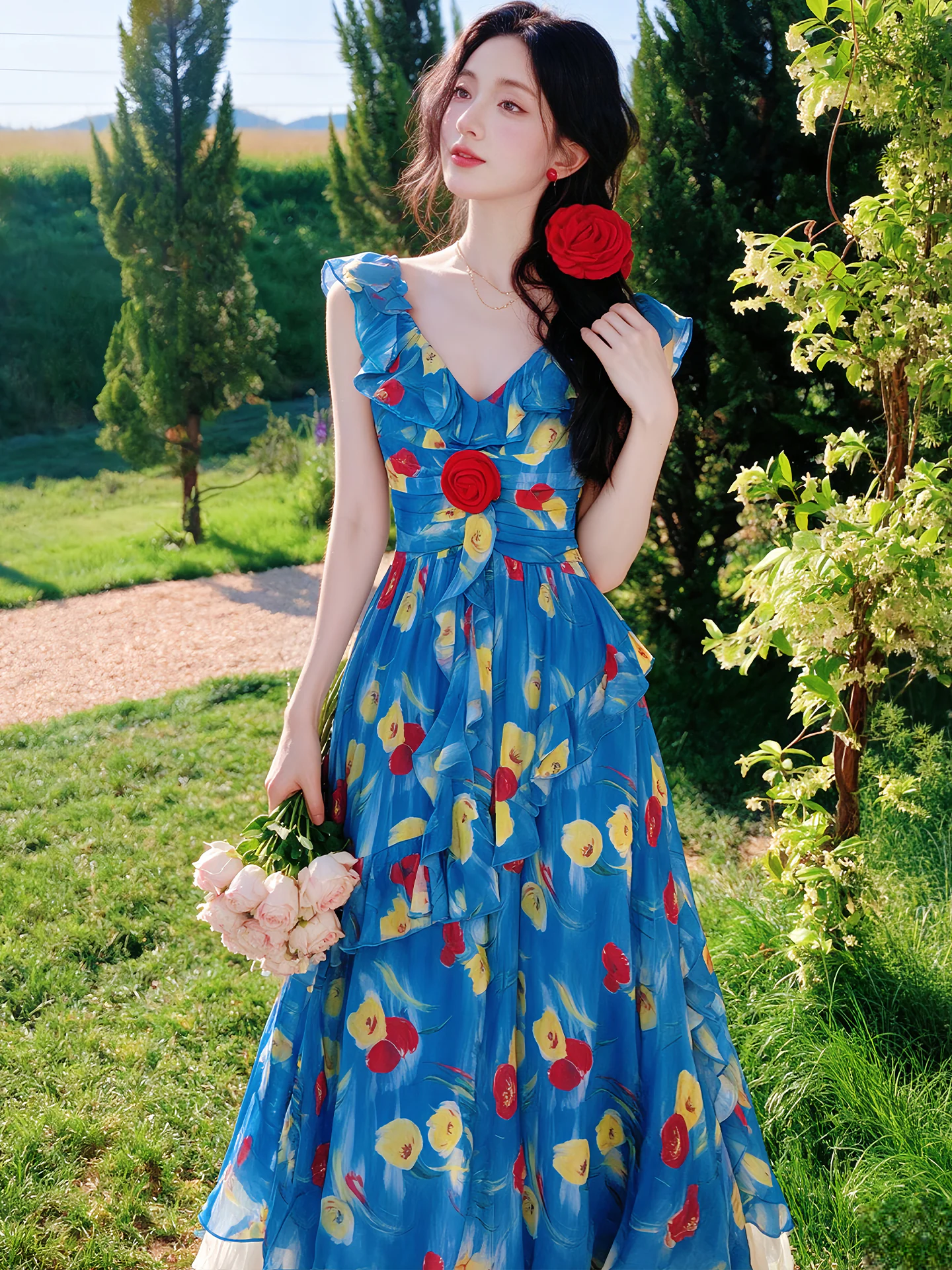 Vibrant Blue Floral Ruffle V Neck Slip Dress with Apricot Tulle Skirt 2 Piece Set02