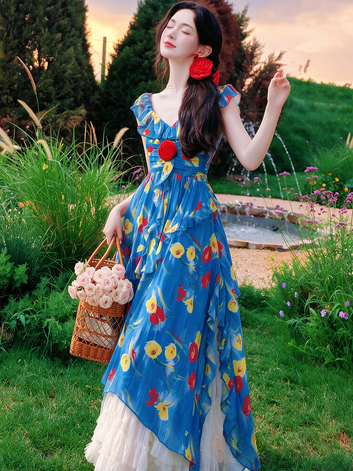 Vibrant Blue Floral Ruffle V-Neck Slip Dress with Apricot Tulle Skirt 2-Piece Set03 Vibrant Blue Floral Ruffle V Neck Slip Dress with Apricot Tulle Skirt 2 Piece Set03