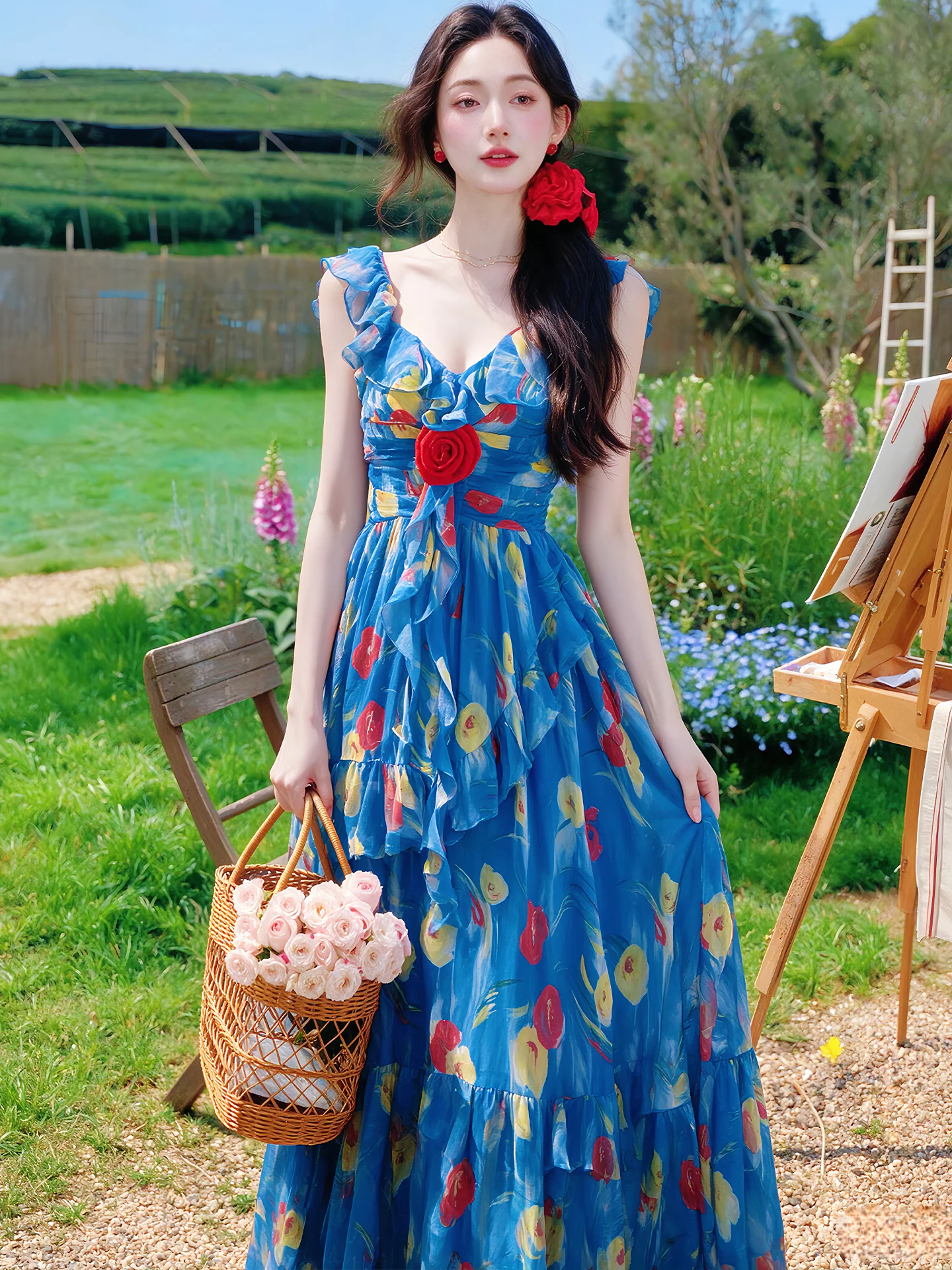 Vibrant Blue Floral Ruffle V-Neck Slip Dress with Apricot Tulle Skirt 2-Piece Set04 Vibrant Blue Floral Ruffle V Neck Slip Dress with Apricot Tulle Skirt 2 Piece Set04