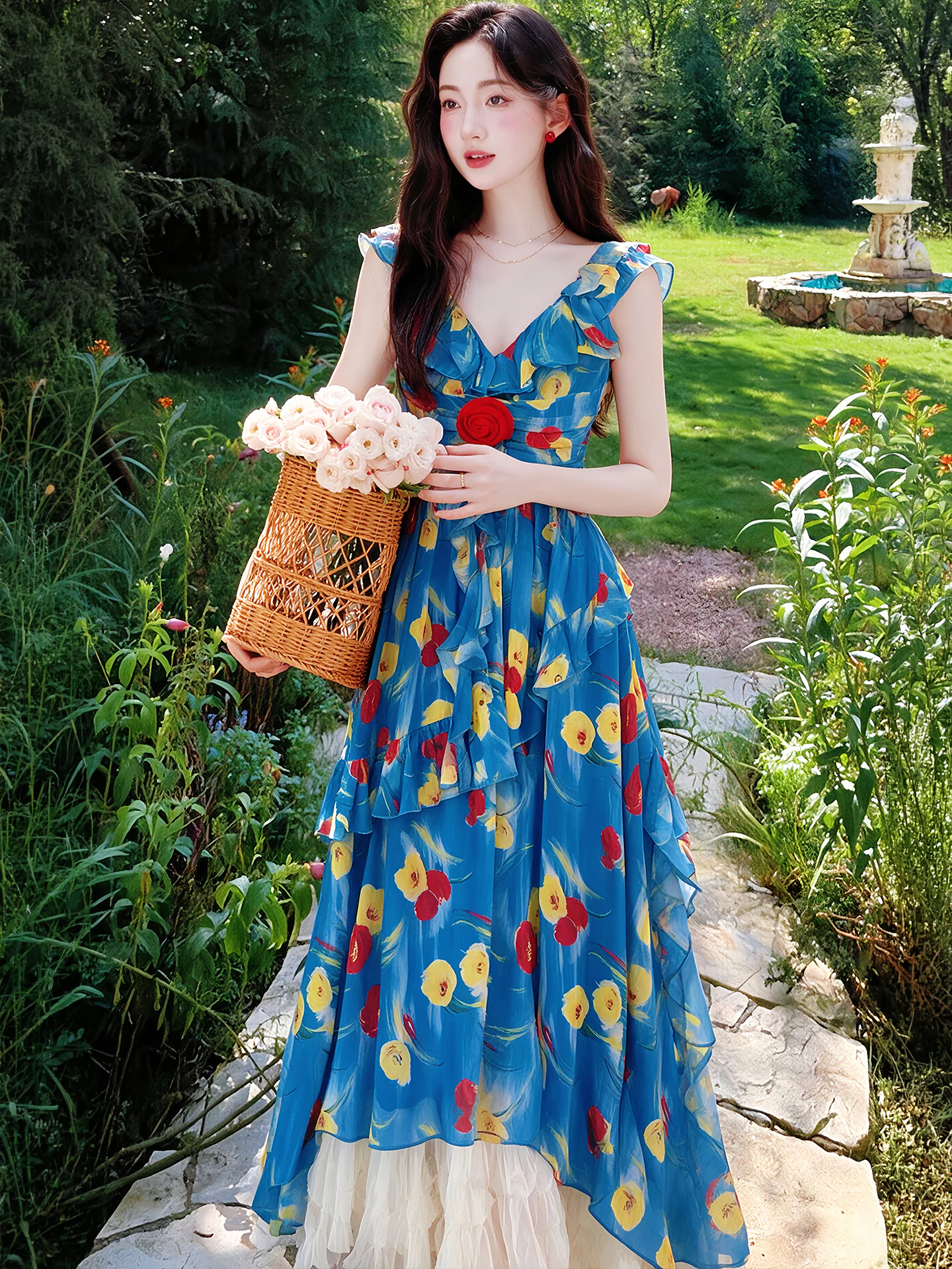 Vibrant Blue Floral Ruffle V-Neck Slip Dress with Apricot Tulle Skirt 2-Piece Set05 Vibrant Blue Floral Ruffle V Neck Slip Dress with Apricot Tulle Skirt 2 Piece Set05