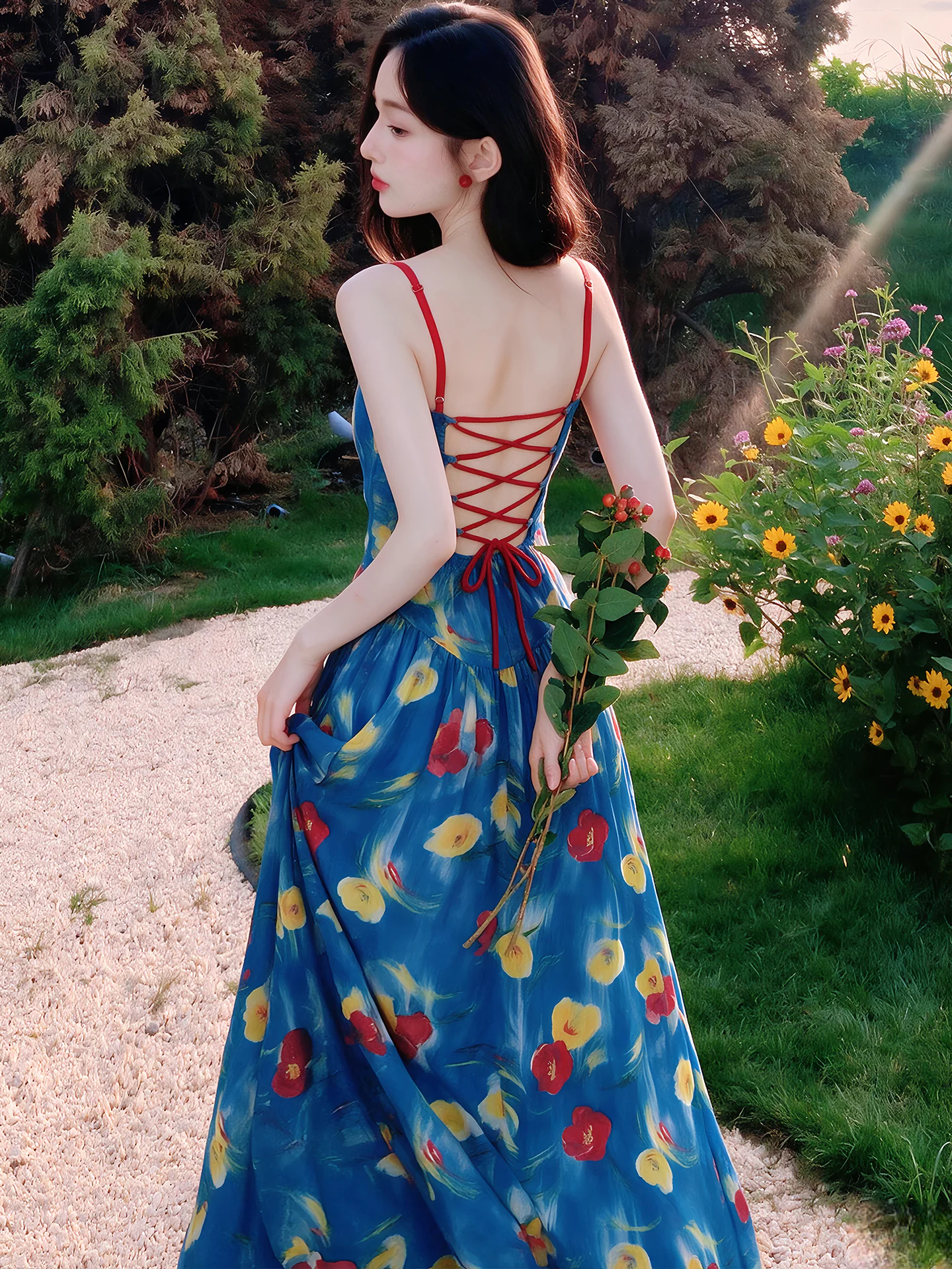 Vibrant Blue Floral Ruffle V-Neck Slip Dress with Apricot Tulle Skirt 2-Piece Set06 Vibrant Blue Floral Ruffle V Neck Slip Dress with Apricot Tulle Skirt 2 Piece Set06