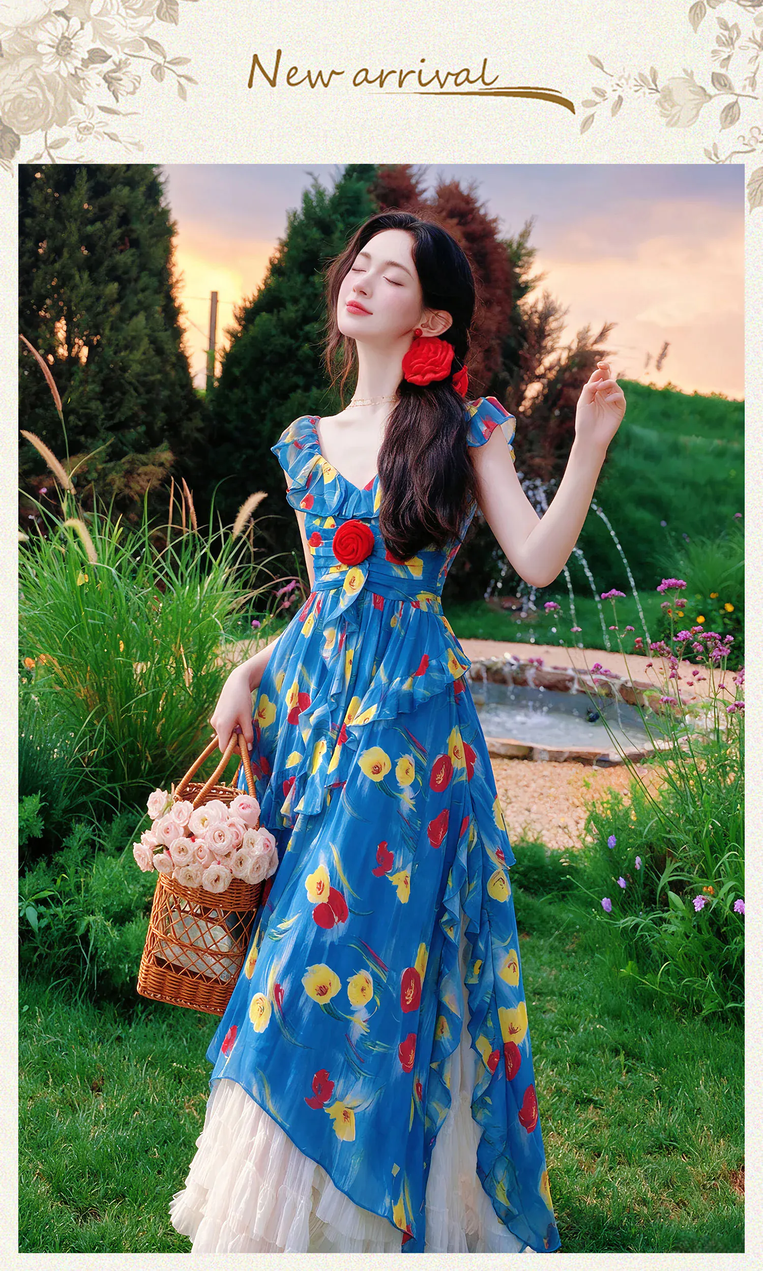 Vibrant-Blue-Floral-Ruffle-V-Neck-Slip-Dress-with-Apricot-Tulle-Skirt-2-Piece-Set07