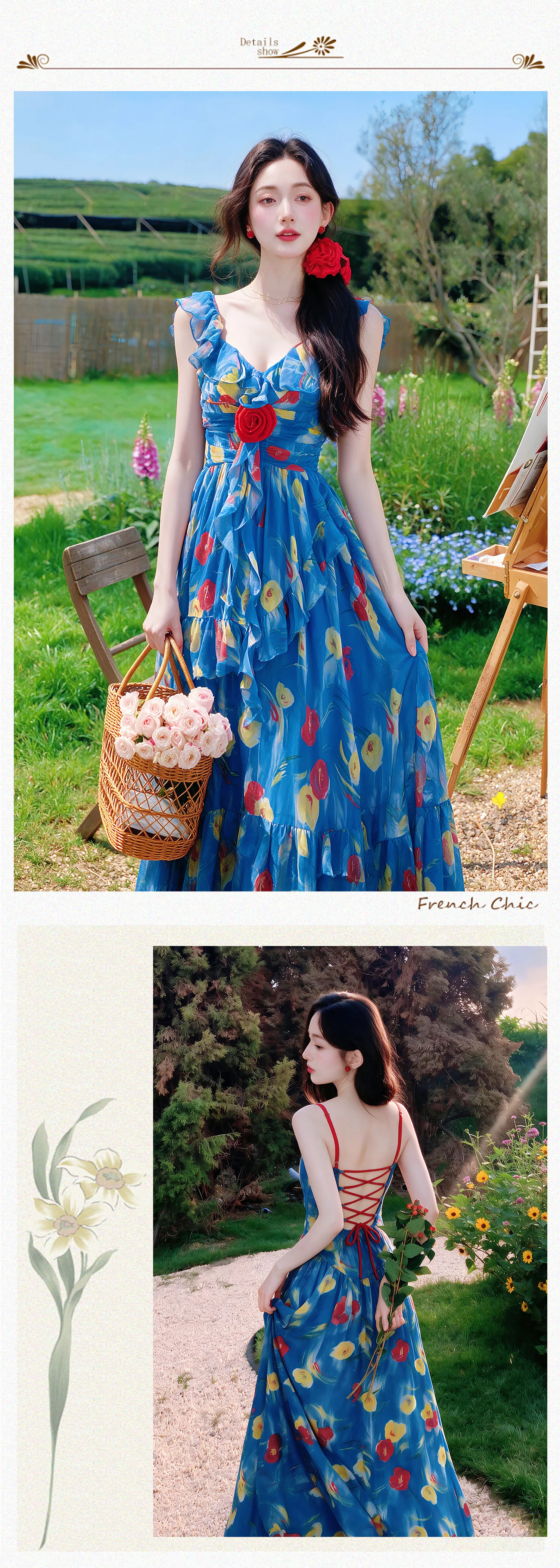 Vibrant-Blue-Floral-Ruffle-V-Neck-Slip-Dress-with-Apricot-Tulle-Skirt-2-Piece-Set09