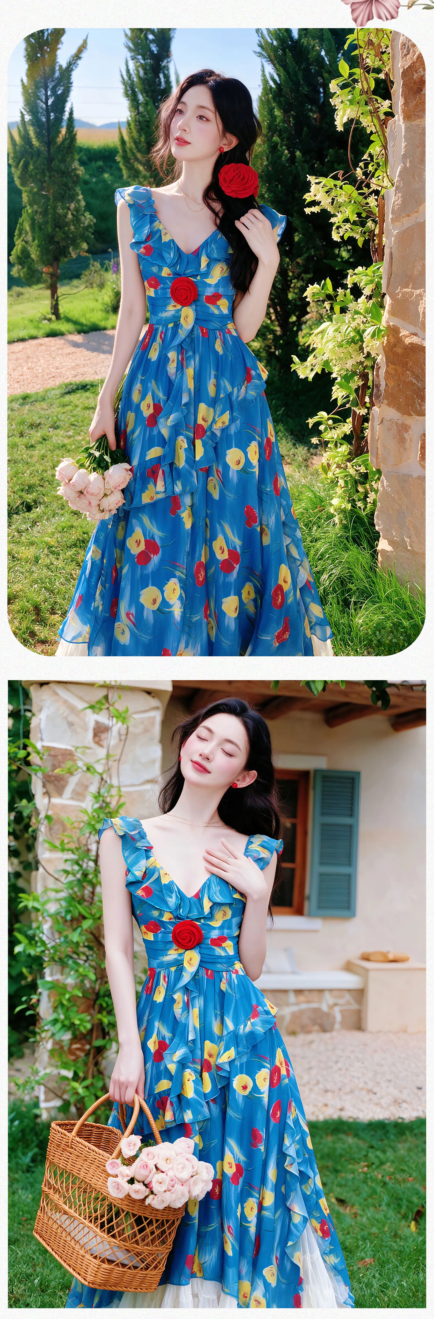 Vibrant-Blue-Floral-Ruffle-V-Neck-Slip-Dress-with-Apricot-Tulle-Skirt-2-Piece-Set11