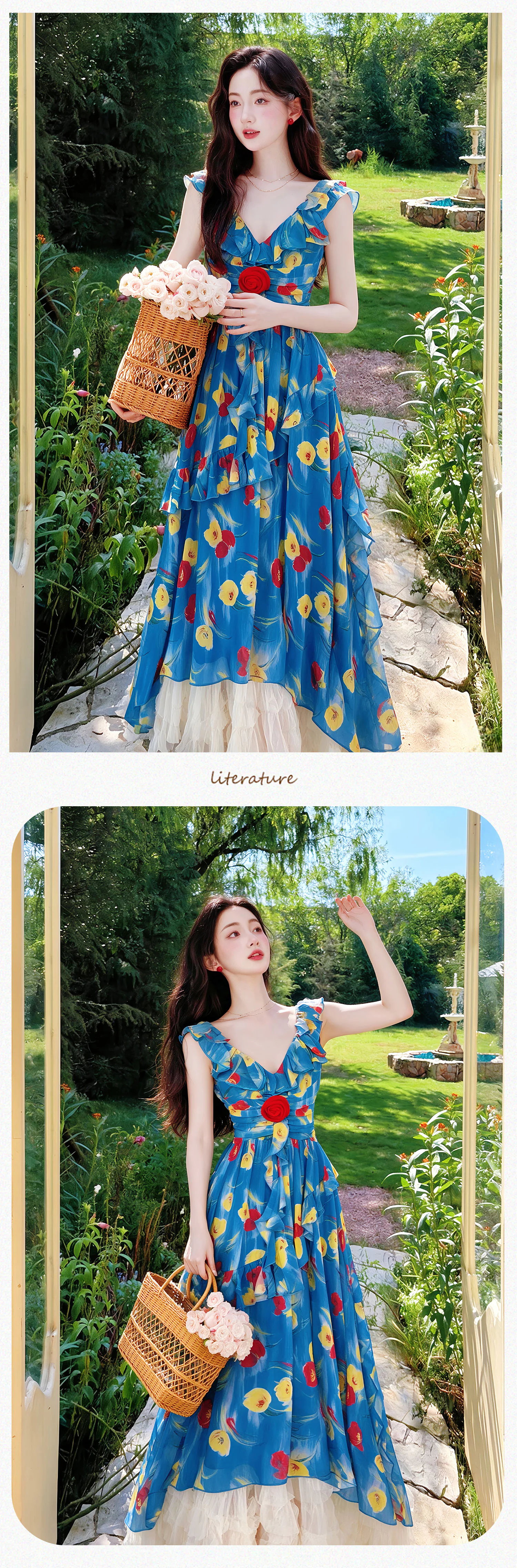 Vibrant-Blue-Floral-Ruffle-V-Neck-Slip-Dress-with-Apricot-Tulle-Skirt-2-Piece-Set12