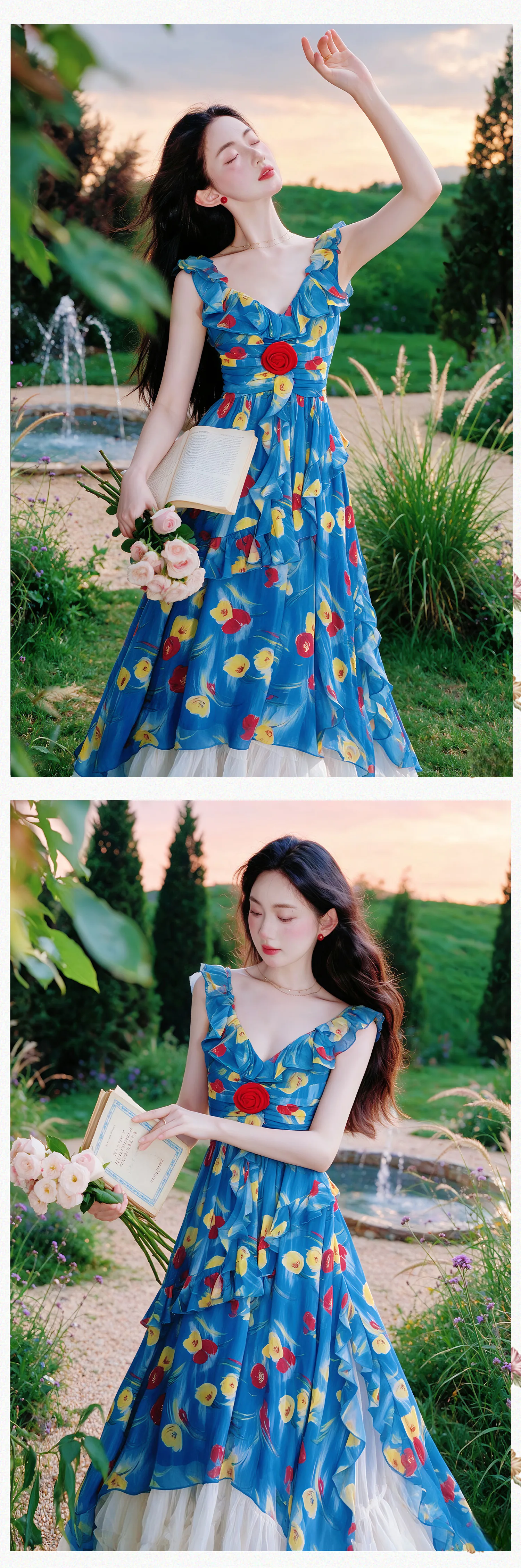 Vibrant-Blue-Floral-Ruffle-V-Neck-Slip-Dress-with-Apricot-Tulle-Skirt-2-Piece-Set13