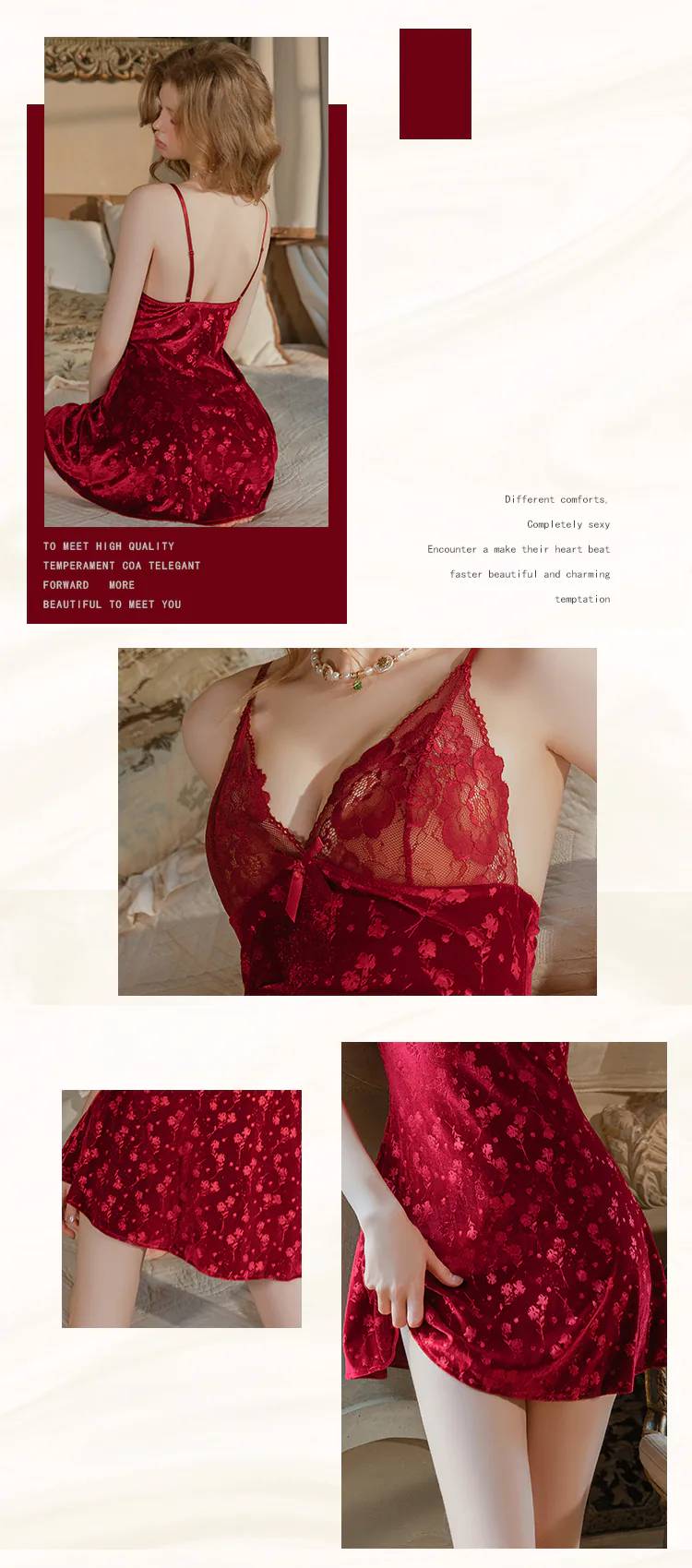Vintage-Ruby-Red-Sheer-Scalloped-Lace-Trim-Floral-Jacquard-Velvet-Nightgown08