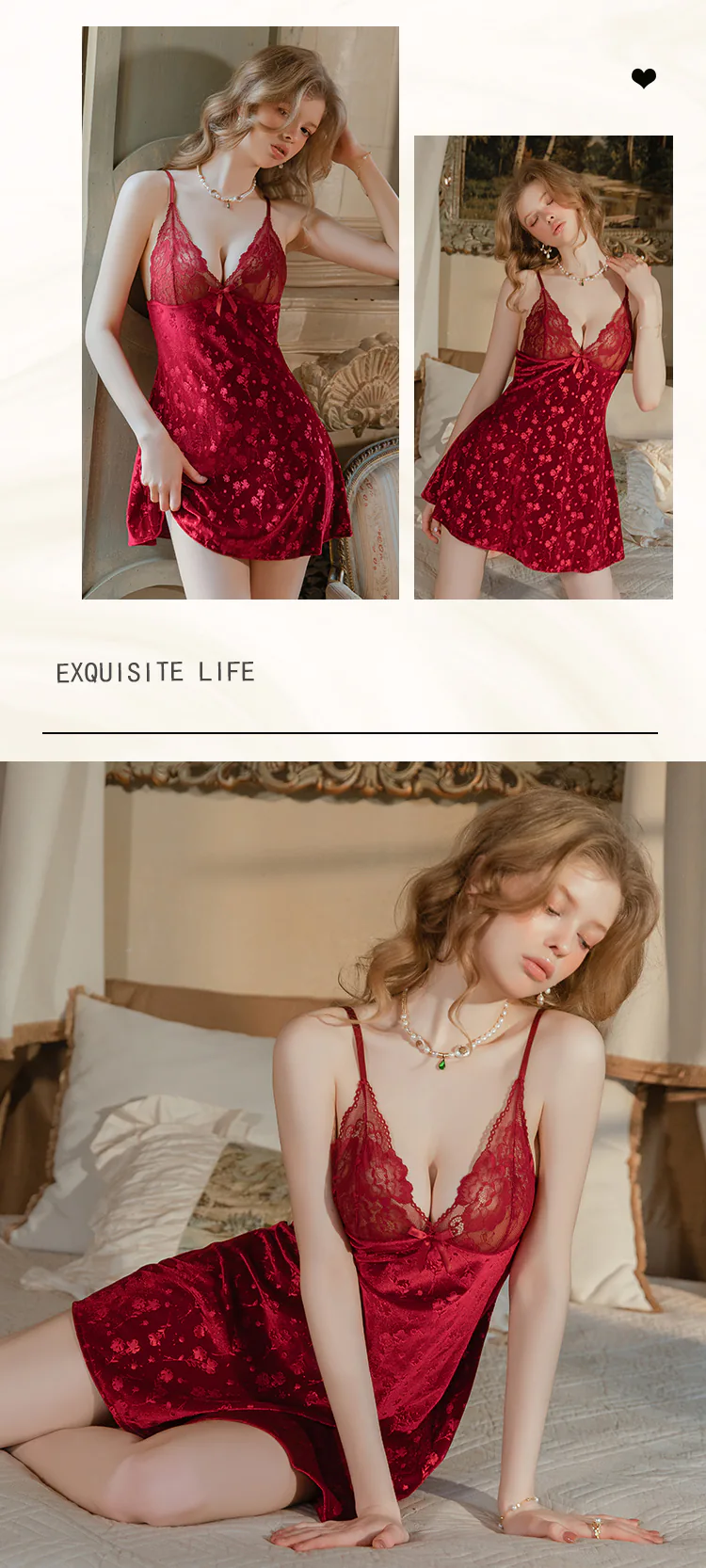 Vintage-Ruby-Red-Sheer-Scalloped-Lace-Trim-Floral-Jacquard-Velvet-Nightgown10