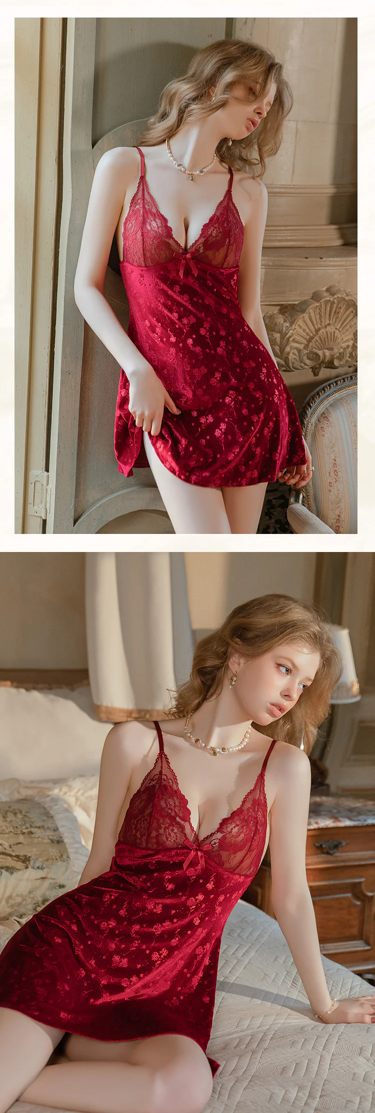 Vintage-Ruby-Red-Sheer-Scalloped-Lace-Trim-Floral-Jacquard-Velvet-Nightgown11