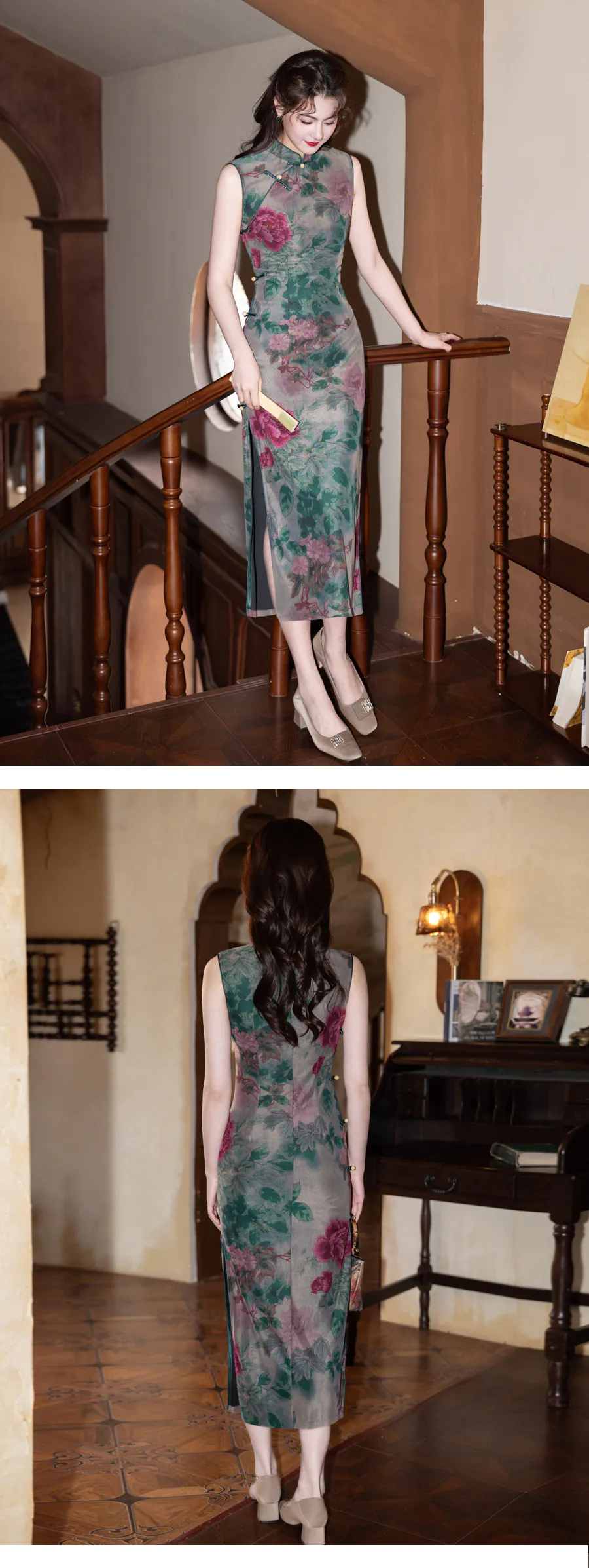 Artistic-Emerald-Green-Smudged-Ink-Peony-Floral-Print-Sleeveless-Qipao-Dress11