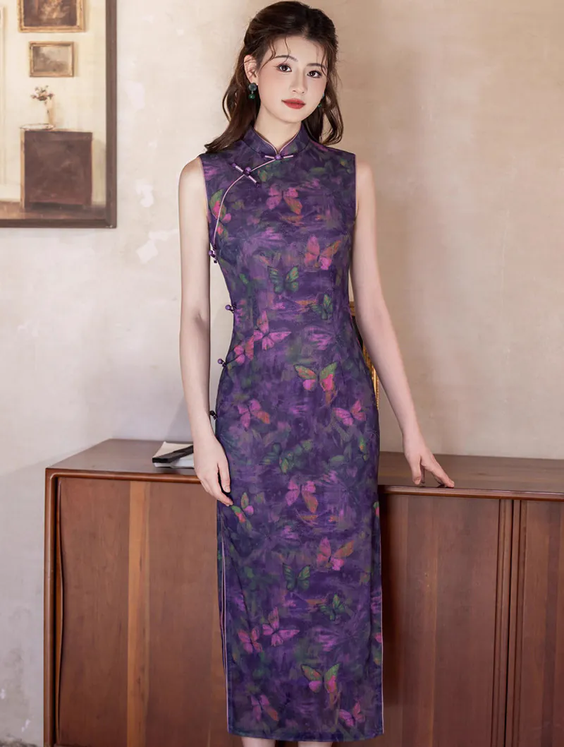 Artistic Modern Oriental Sleeveless Lilac Purple Watercolor Butterfly Qipao Dress01