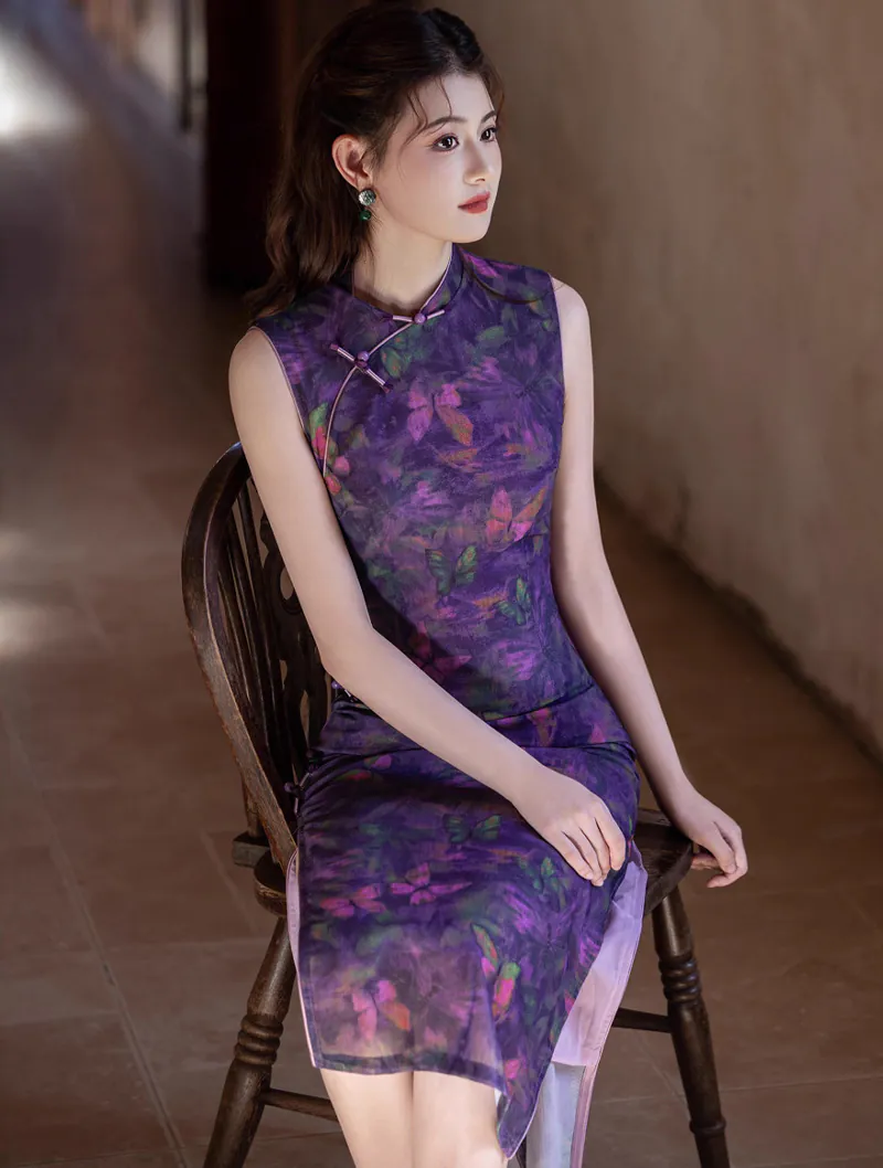 Artistic Modern Oriental Sleeveless Lilac Purple Watercolor Butterfly Qipao Dress02