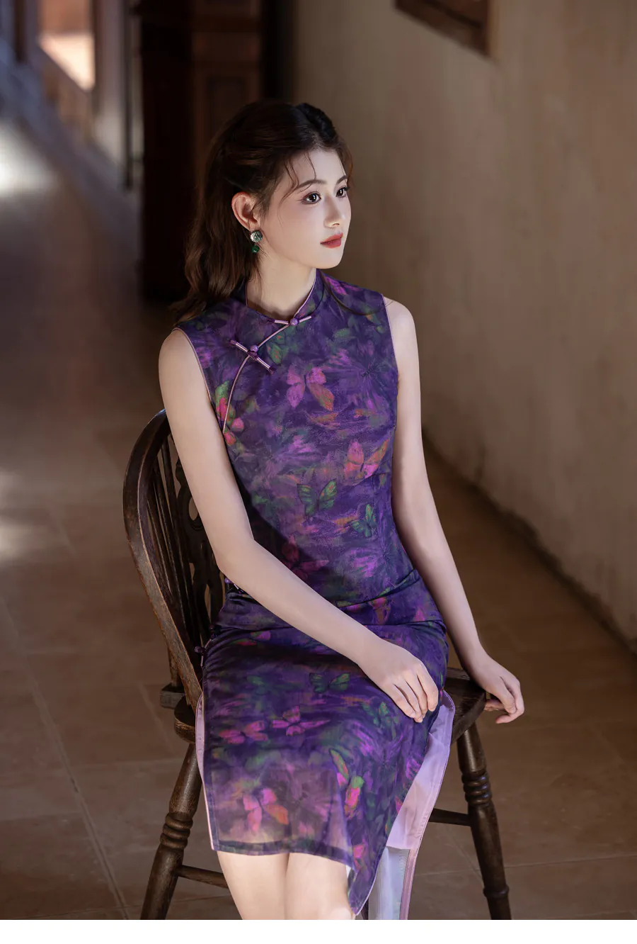 Artistic-Modern-Oriental-Sleeveless-Lilac-Purple-Watercolor-Butterfly-Qipao-Dress07