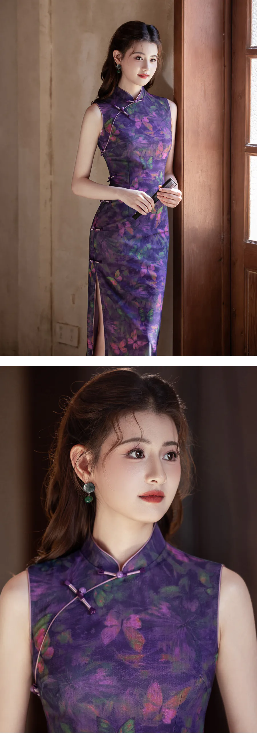Artistic-Modern-Oriental-Sleeveless-Lilac-Purple-Watercolor-Butterfly-Qipao-Dress08