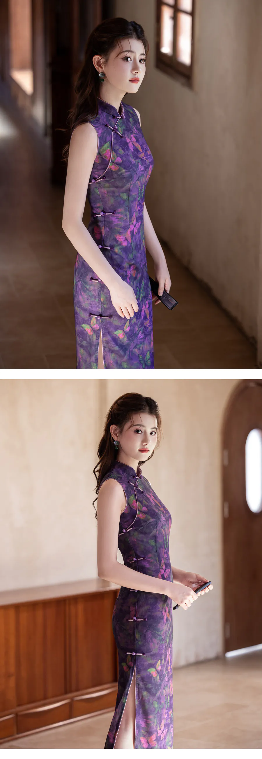 Artistic-Modern-Oriental-Sleeveless-Lilac-Purple-Watercolor-Butterfly-Qipao-Dress09