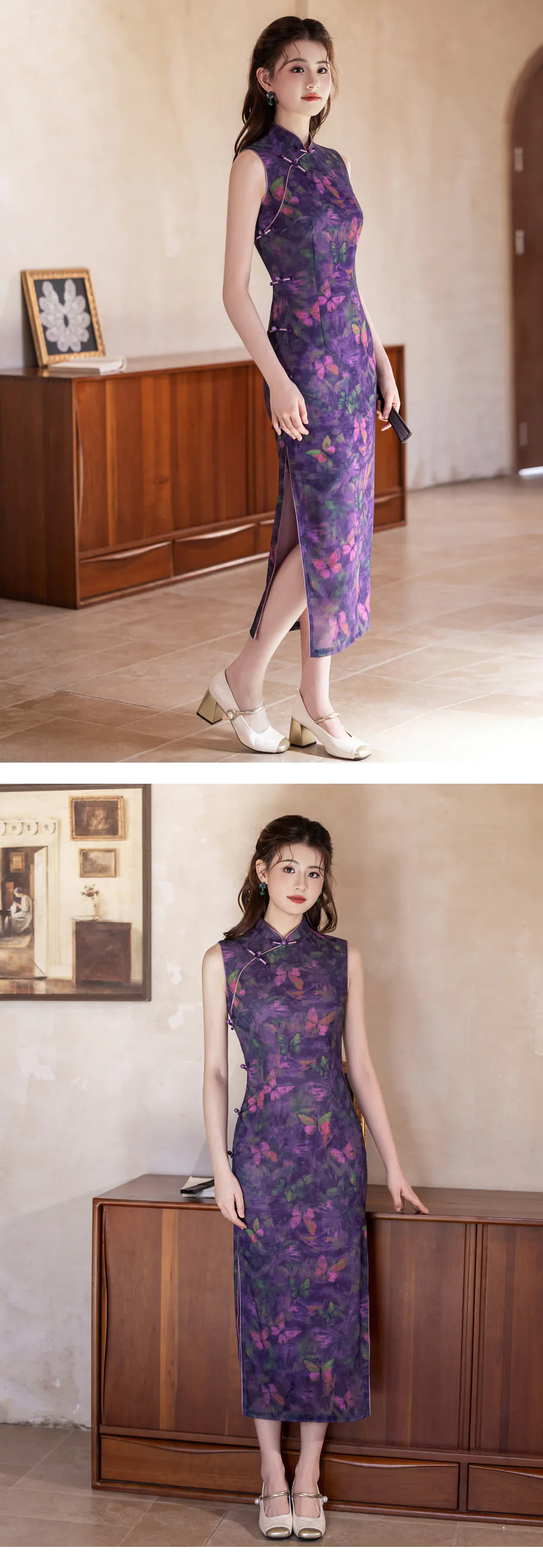 Artistic-Modern-Oriental-Sleeveless-Lilac-Purple-Watercolor-Butterfly-Qipao-Dress10
