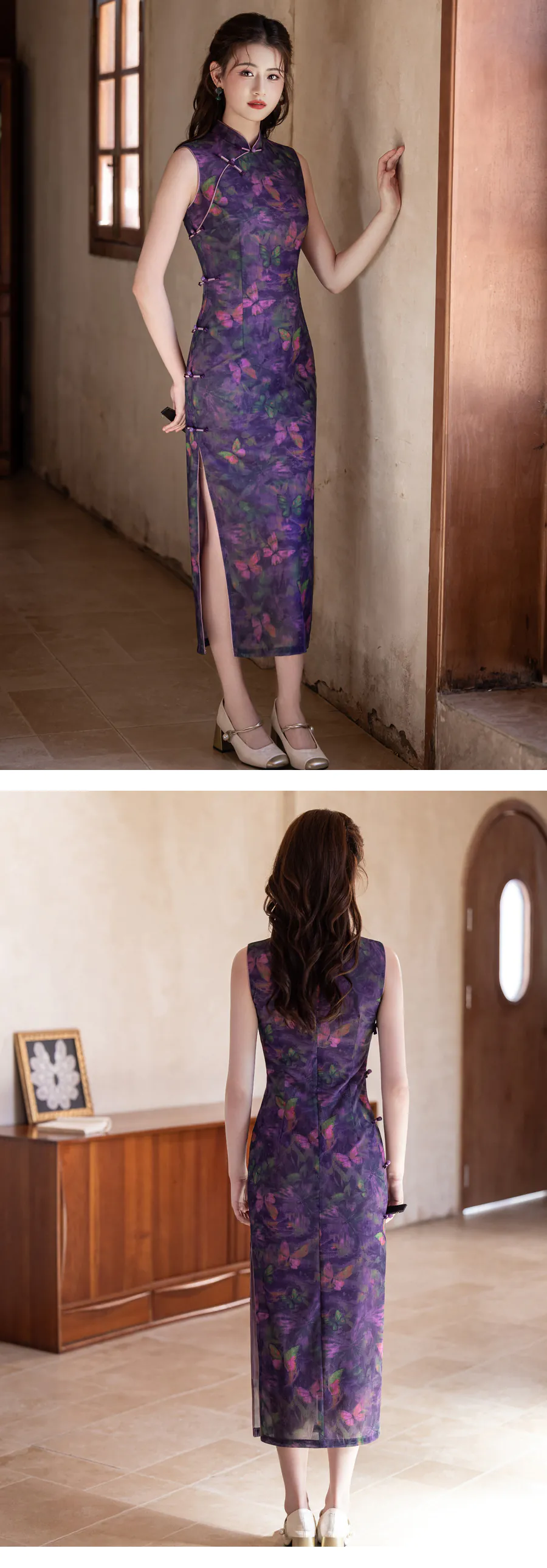 Artistic-Modern-Oriental-Sleeveless-Lilac-Purple-Watercolor-Butterfly-Qipao-Dress11