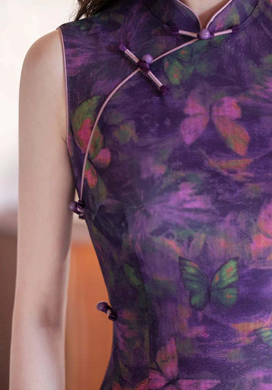 Artistic-Modern-Oriental-Sleeveless-Lilac-Purple-Watercolor-Butterfly-Qipao-Dress12