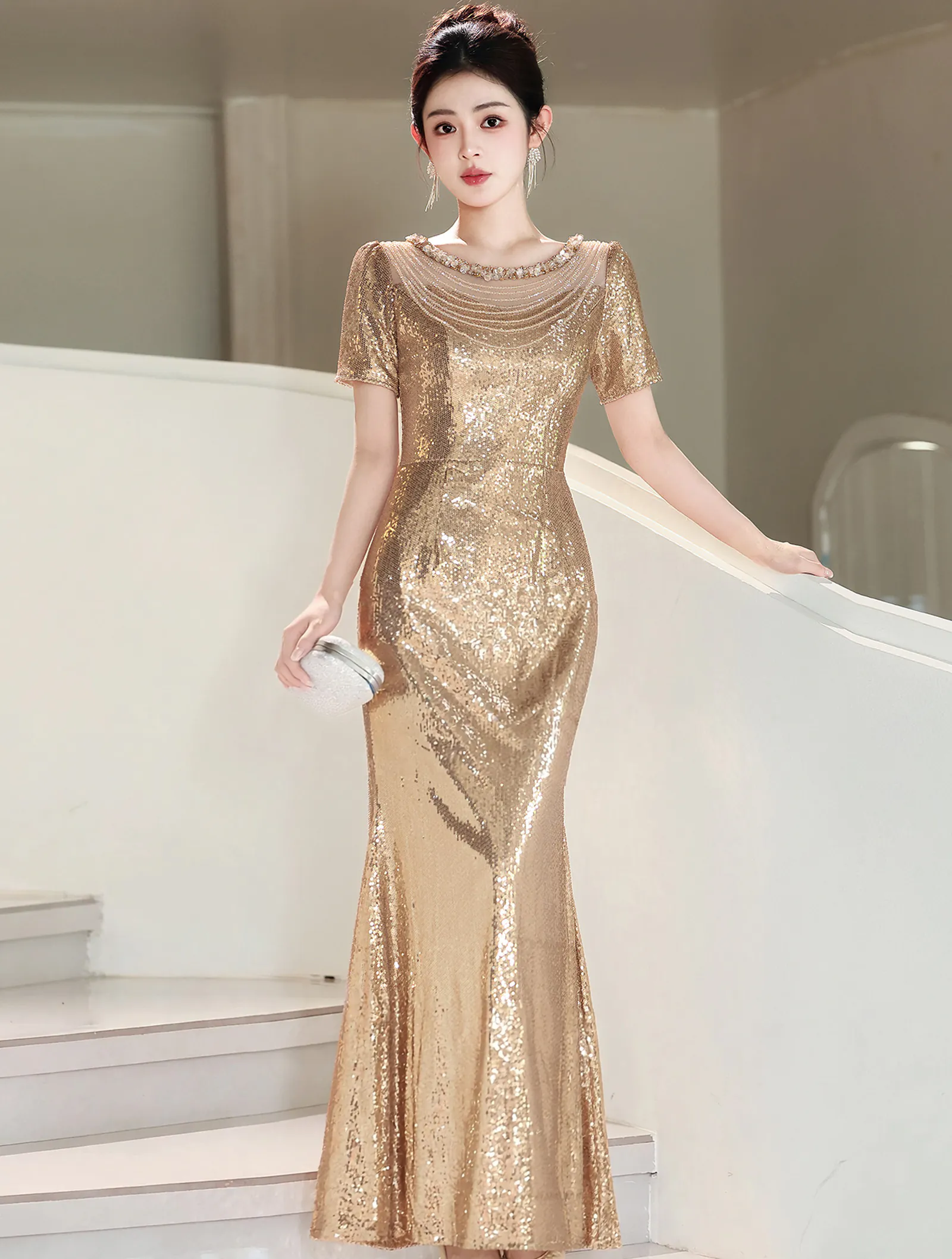 Beaded Illusion Neckline Short Sleeves Gold Sequin Mermaid Evening Gown01