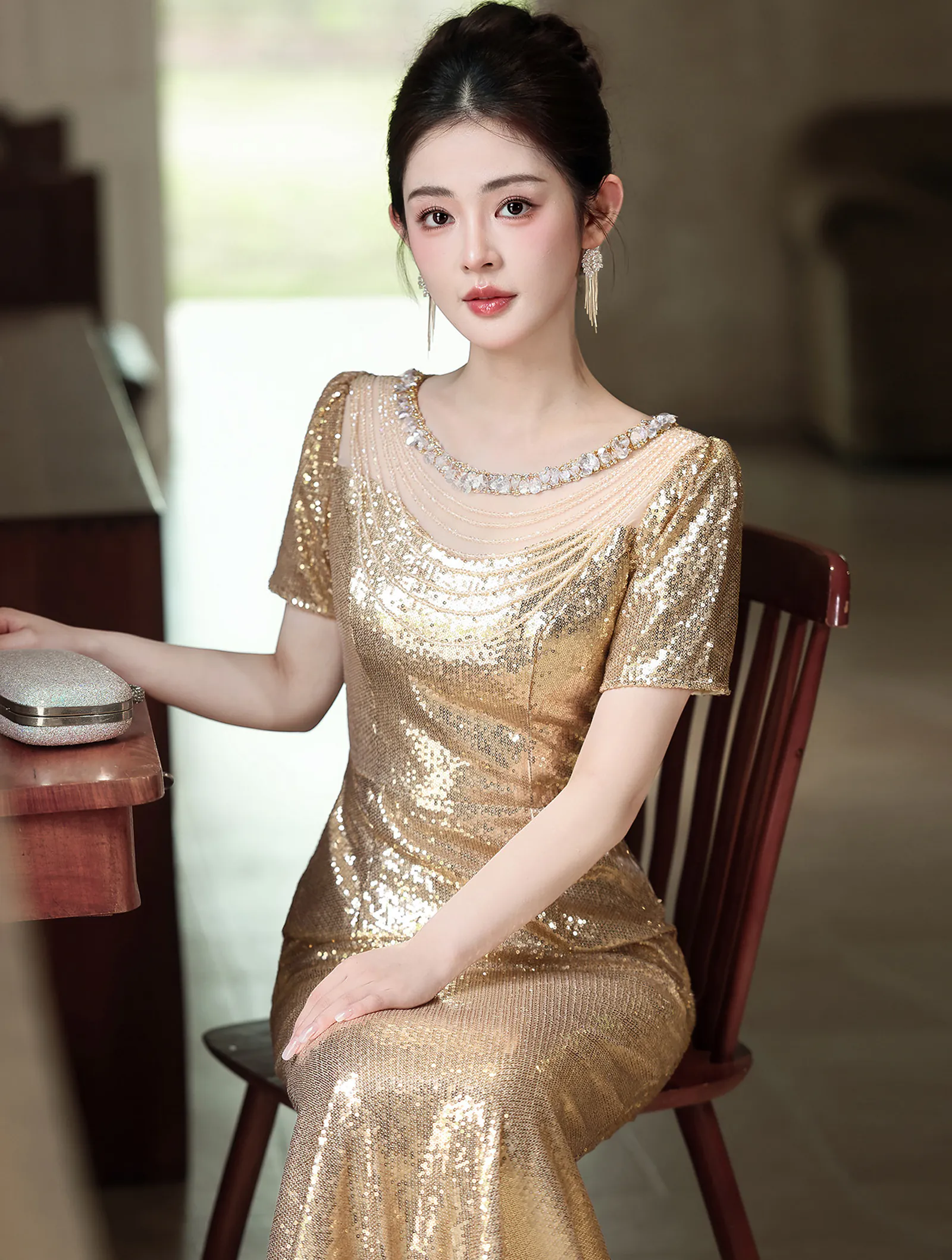 Beaded Illusion Neckline Short Sleeves Gold Sequin Mermaid Evening Gown02