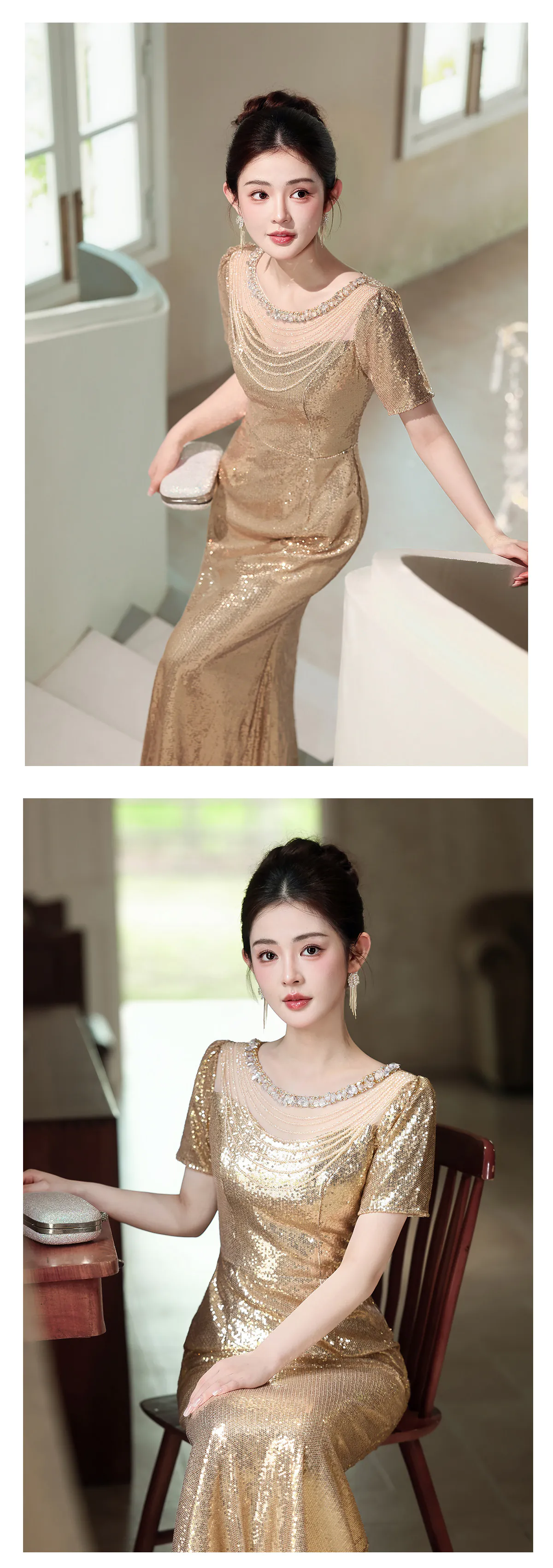 Beaded-Illusion-Neckline-Short-Sleeves-Gold-Sequin-Mermaid-Evening-Gown12