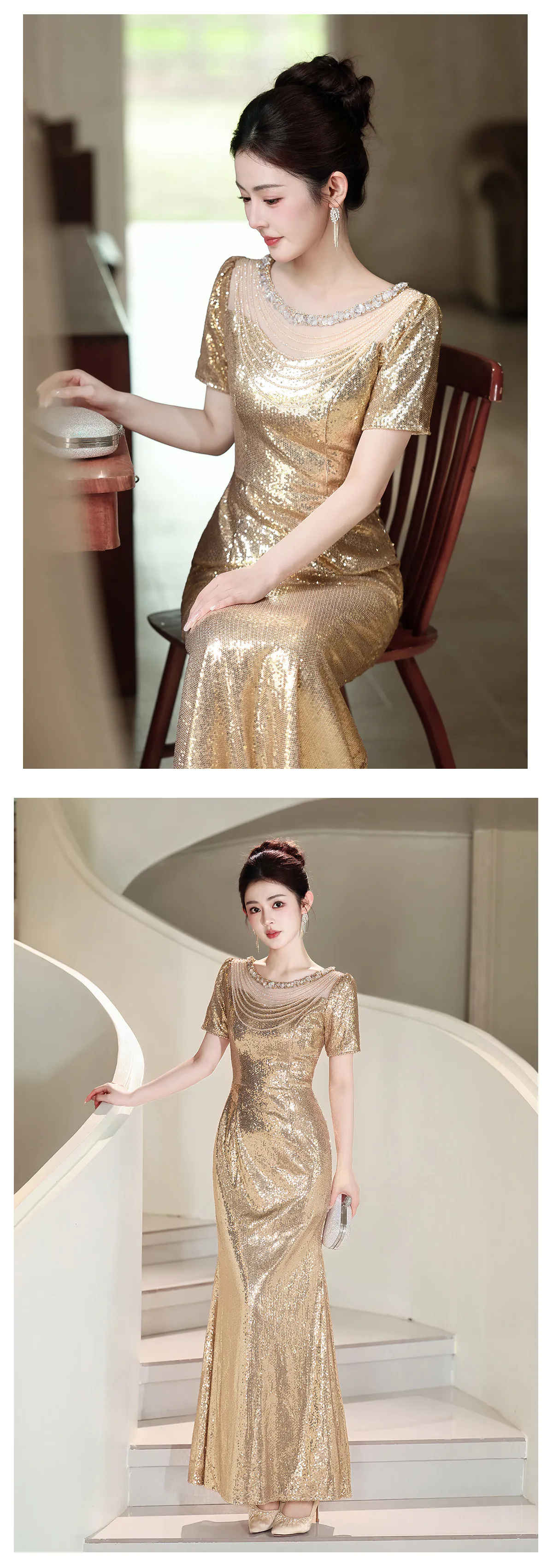 Beaded-Illusion-Neckline-Short-Sleeves-Gold-Sequin-Mermaid-Evening-Gown13
