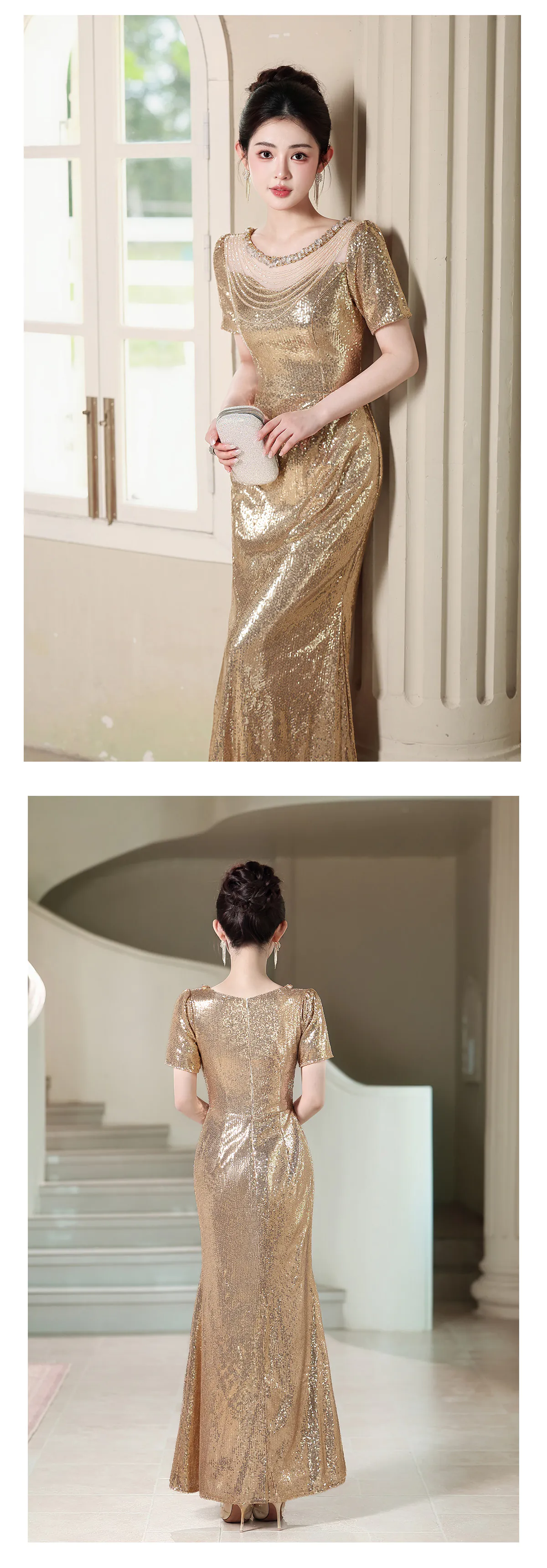 Beaded-Illusion-Neckline-Short-Sleeves-Gold-Sequin-Mermaid-Evening-Gown14
