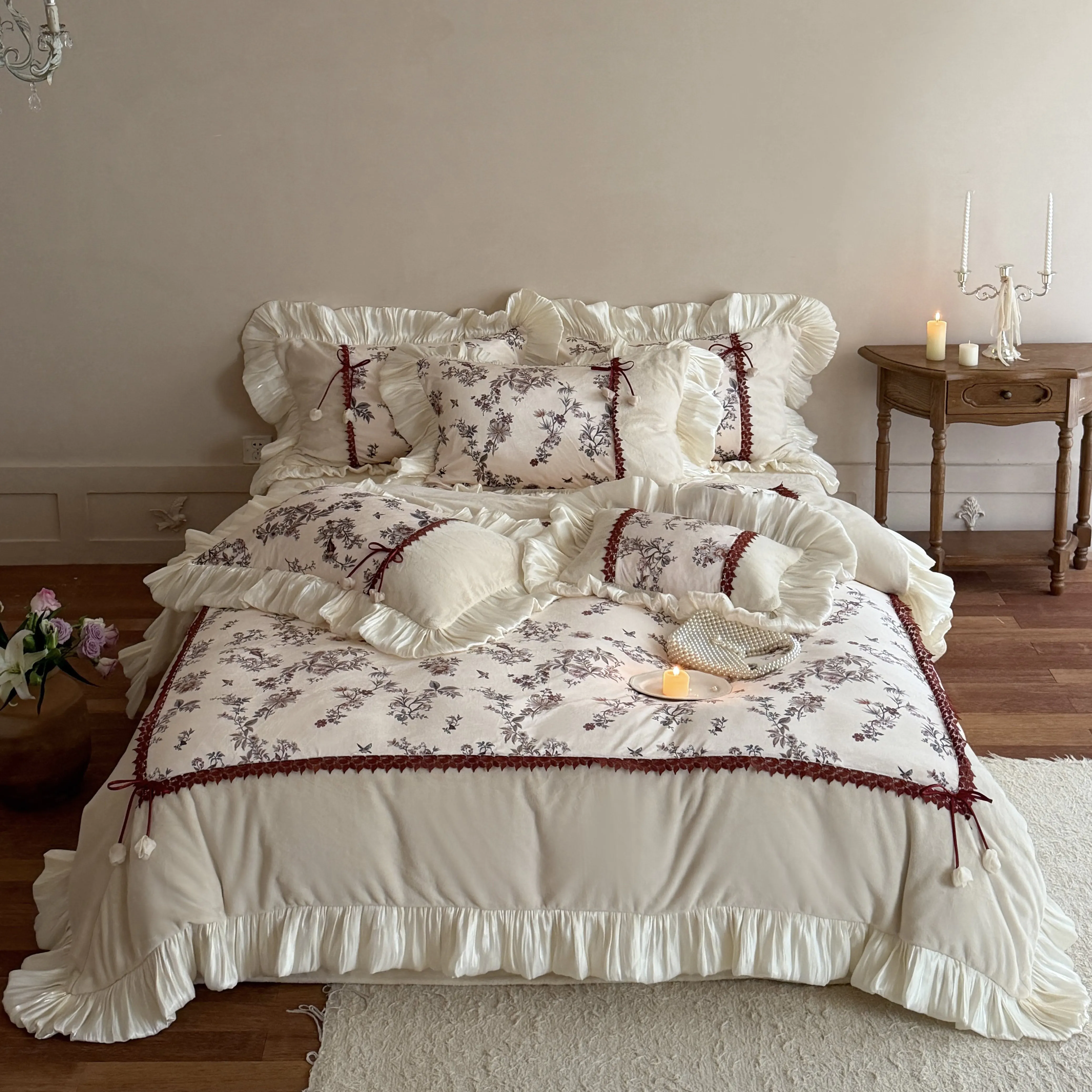 Botanical Print Winter Warm 260g Matte Milk Velvet Comforter Cover Set01