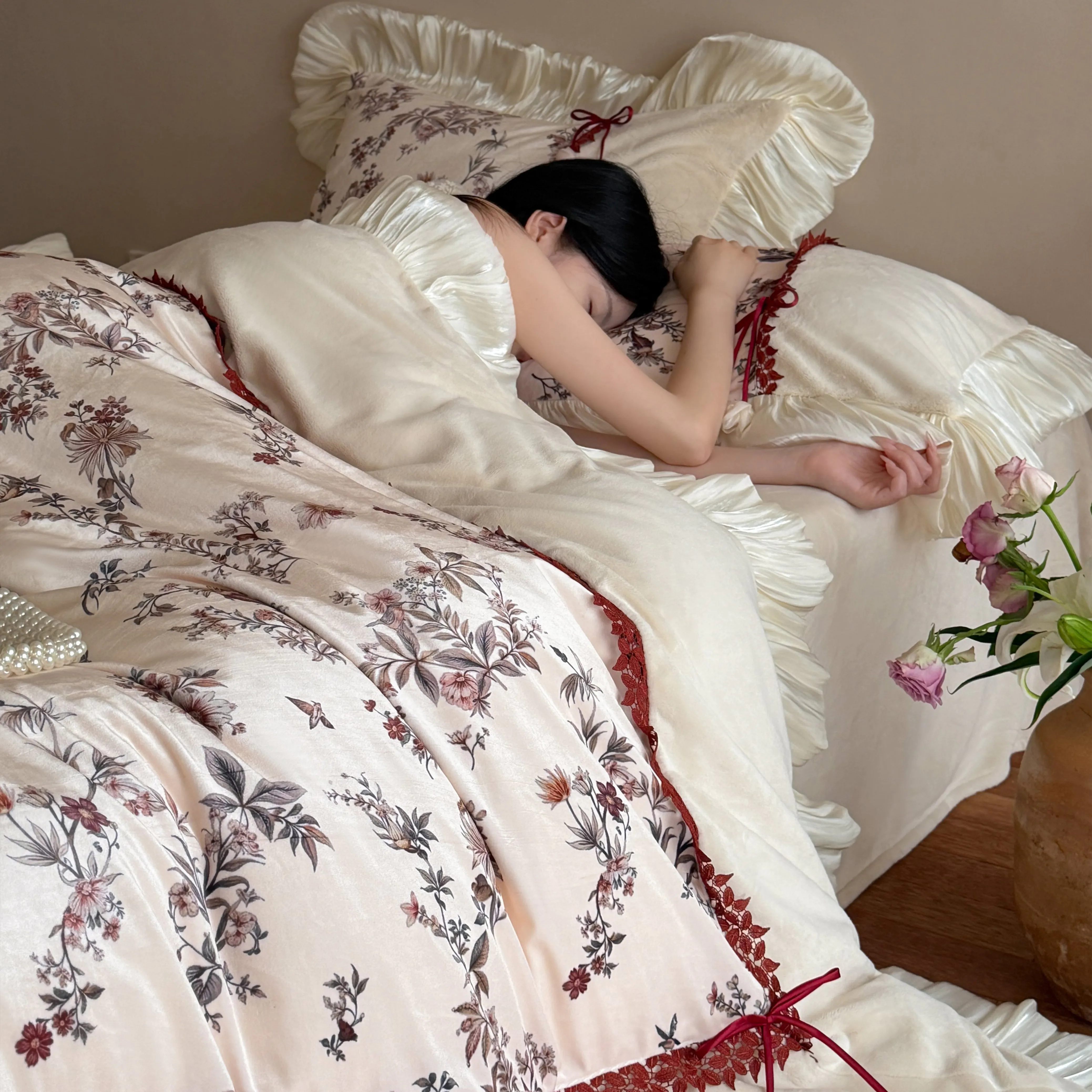 Botanical Print Winter Warm 260g Matte Milk Velvet Comforter Cover Set03 Botanical Print Winter Warm 260g Matte Milk Velvet Comforter Cover Set03