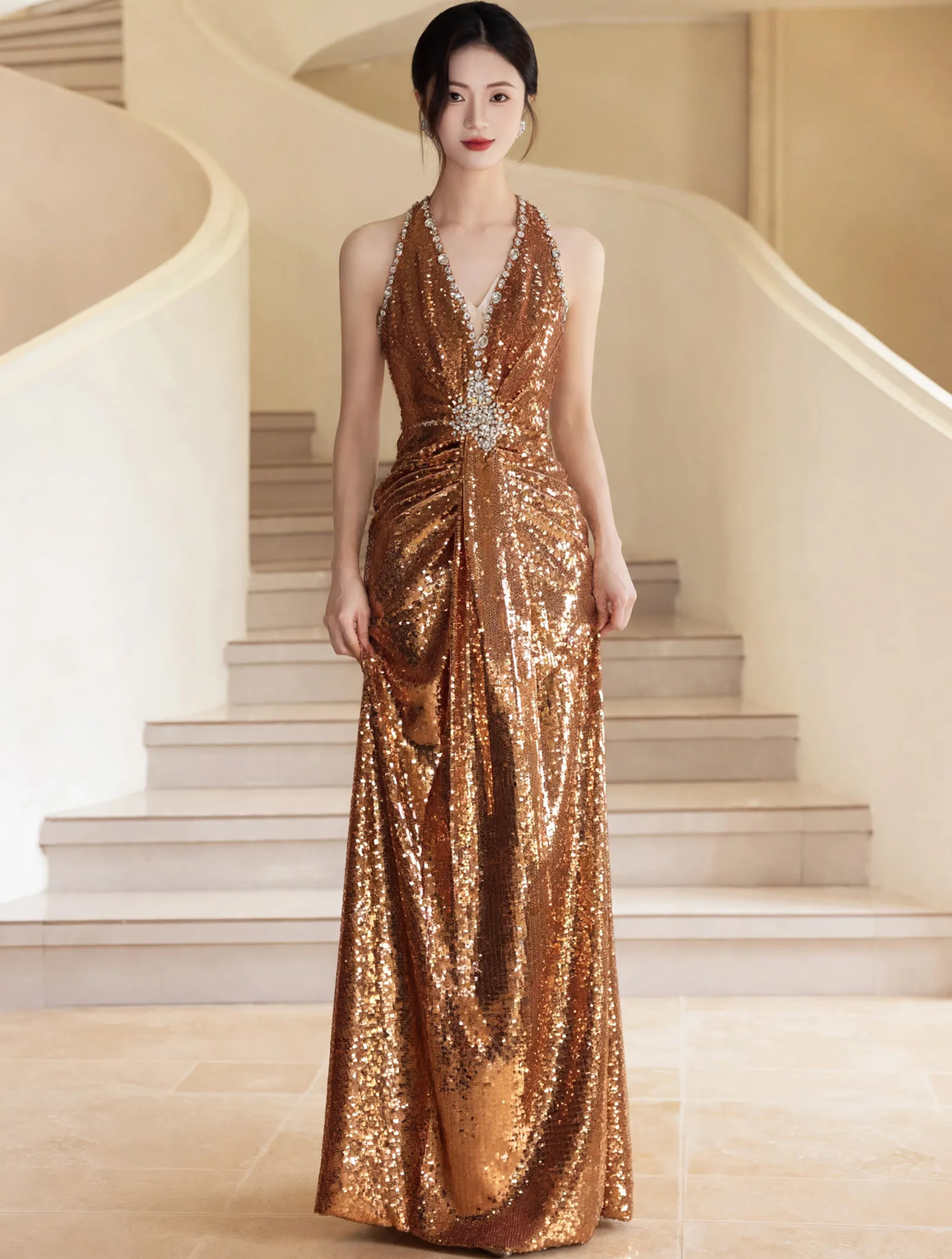 Champagne Gold Deep V Neck Ruched Bodice Sequin Sleeveless Prom Dress01