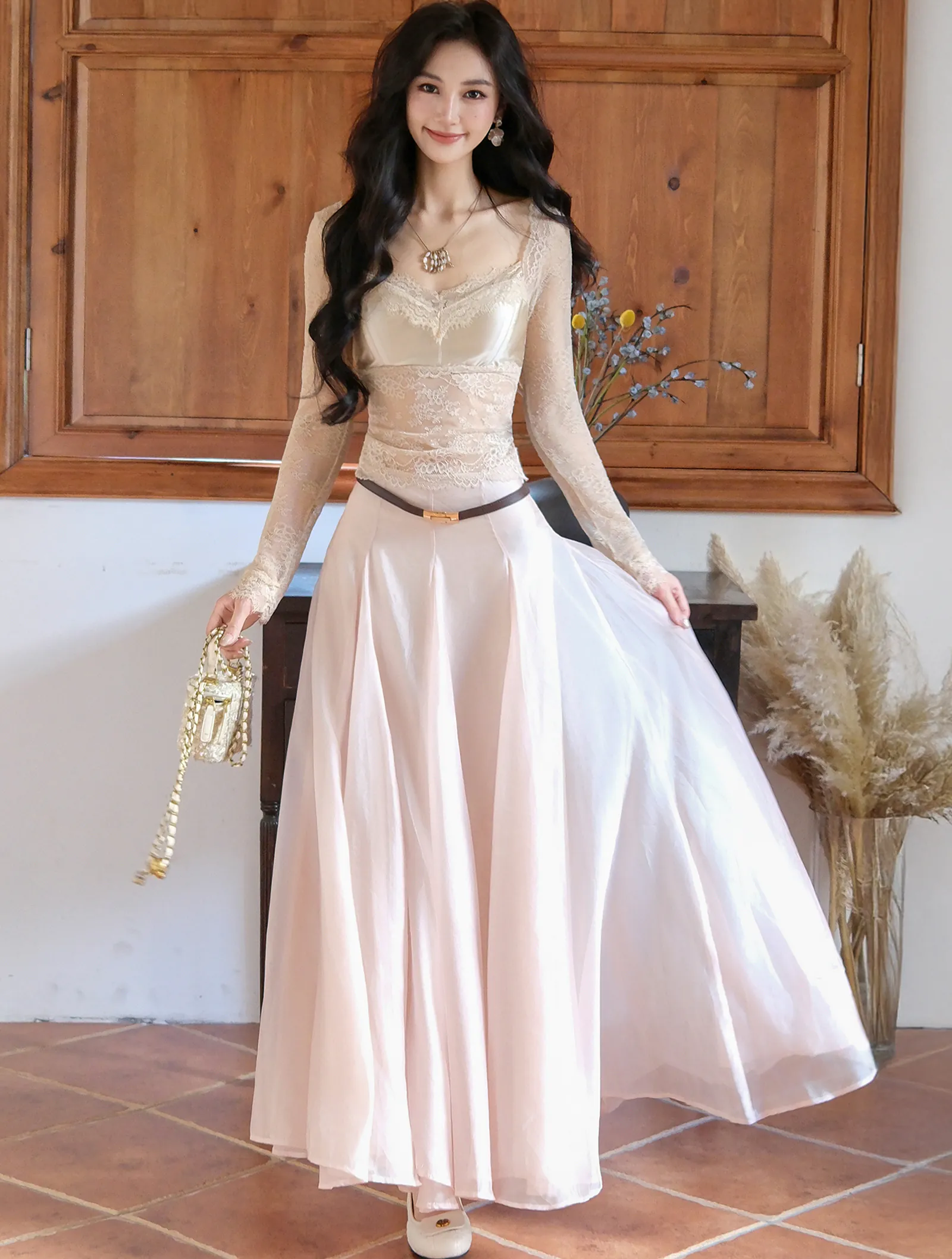 Chic Semi Sheer Floral Lace Slim Fit Top with Swing Skirt Two Piece Set01