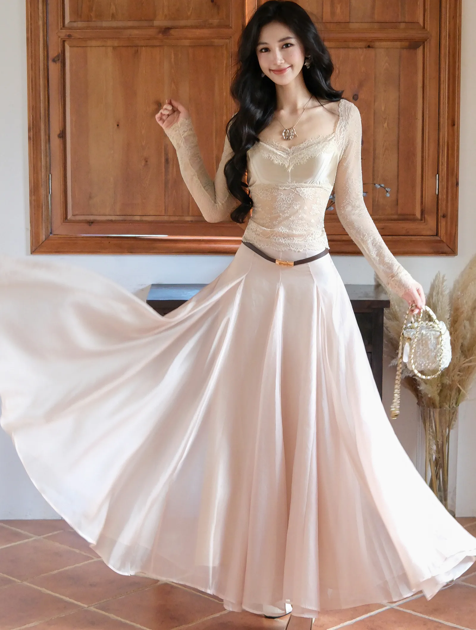Chic Semi Sheer Floral Lace Slim Fit Top with Swing Skirt Two Piece Set02