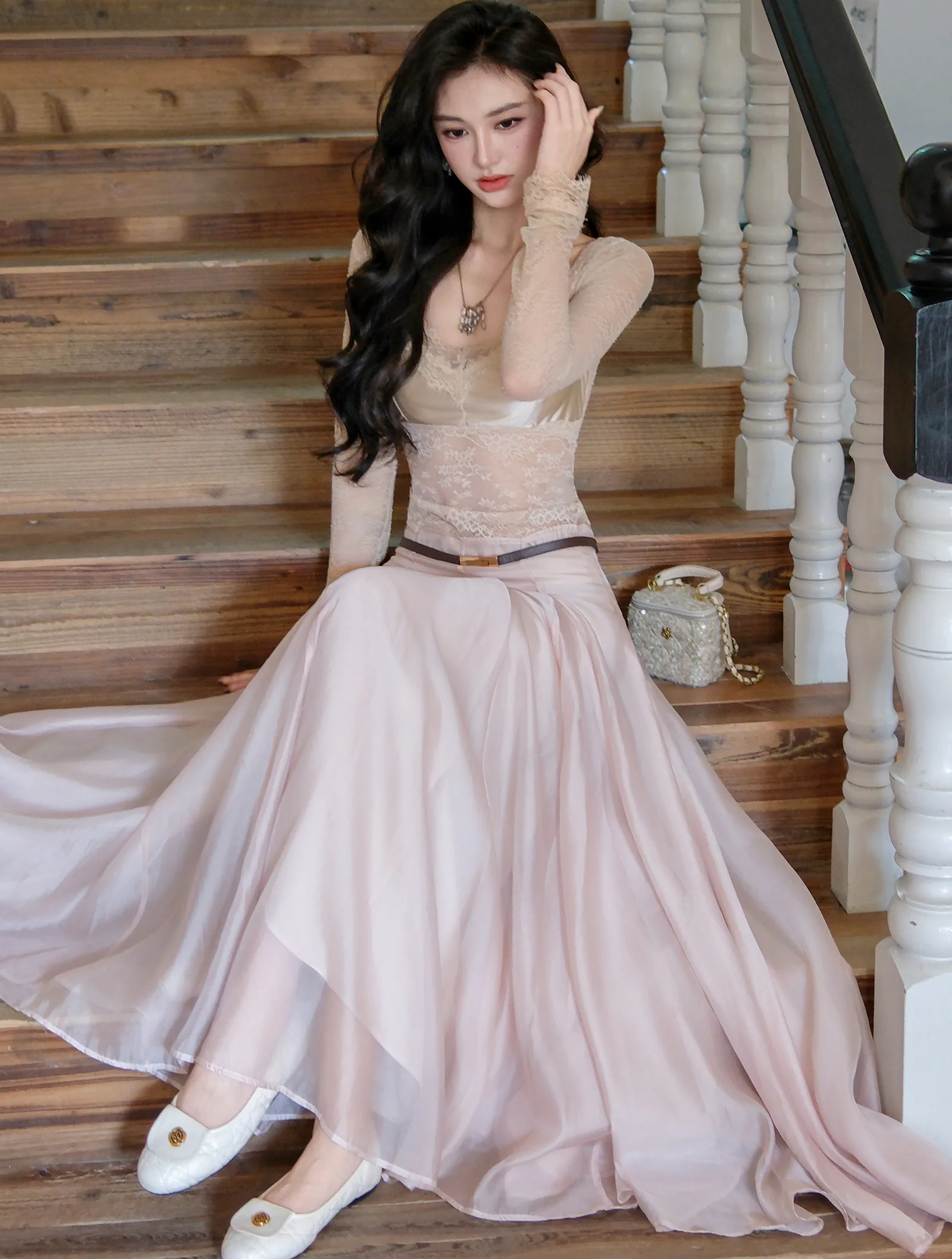 Chic Semi-Sheer Floral Lace Slim Fit Top with Swing Skirt Two-Piece Set04 Chic Semi Sheer Floral Lace Slim Fit Top with Swing Skirt Two Piece Set04