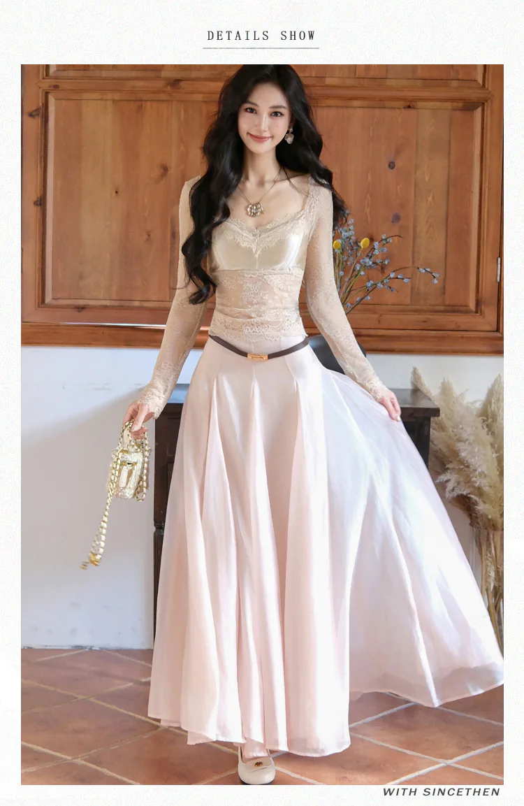 Chic-Semi-Sheer-Floral-Lace-Slim-Fit-Top-with-Swing-Skirt-Two-Piece-Set09