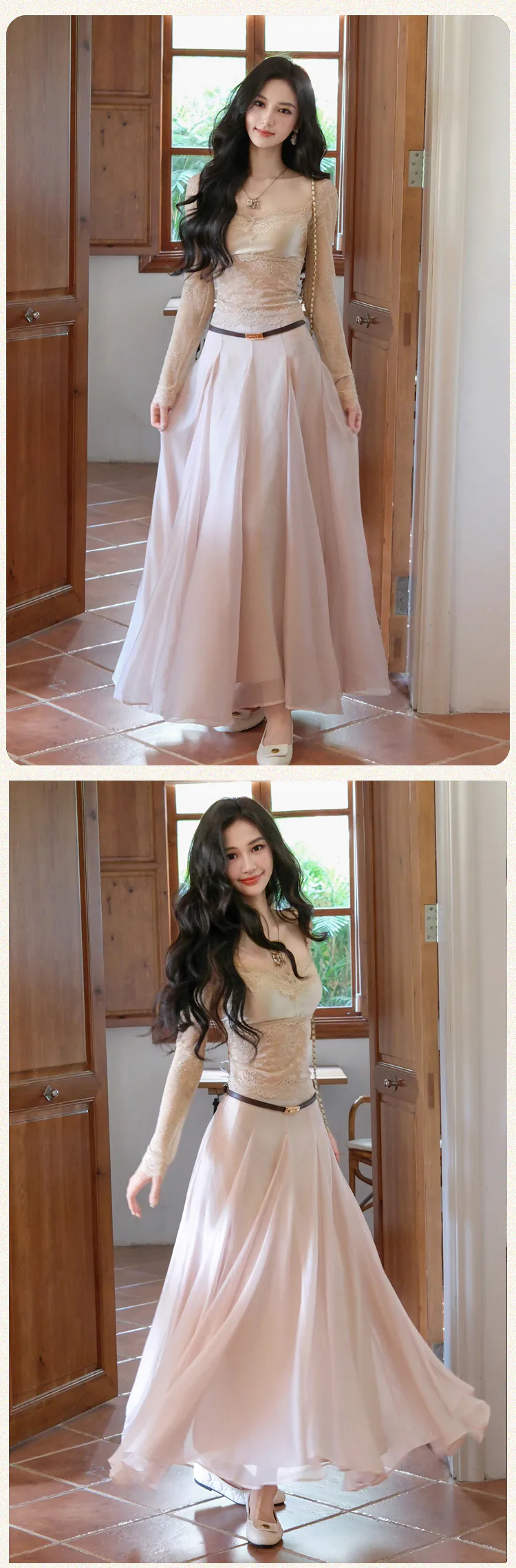 Chic-Semi-Sheer-Floral-Lace-Slim-Fit-Top-with-Swing-Skirt-Two-Piece-Set13