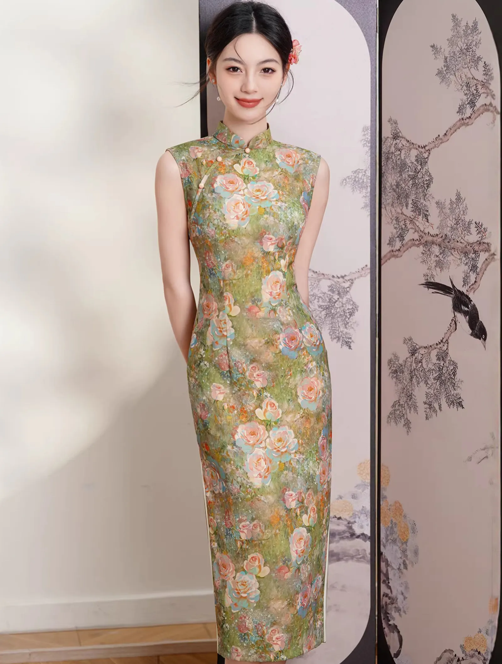 Classic Oriental Oil Painting Floral Sleeveless Mandarin Collar Qipao Dress01