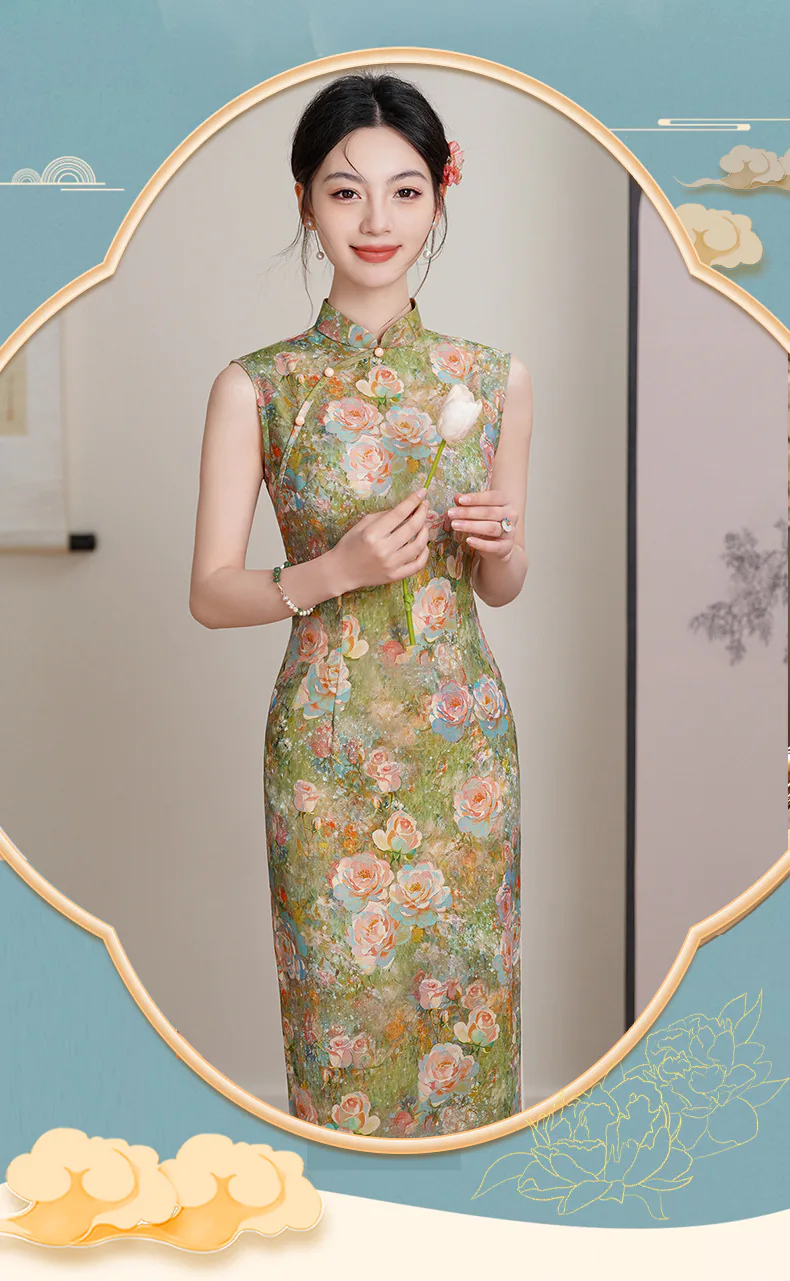 Classic-Oriental-Oil-Painting-Floral-Sleeveless-Mandarin-Collar-Qipao-Dress07