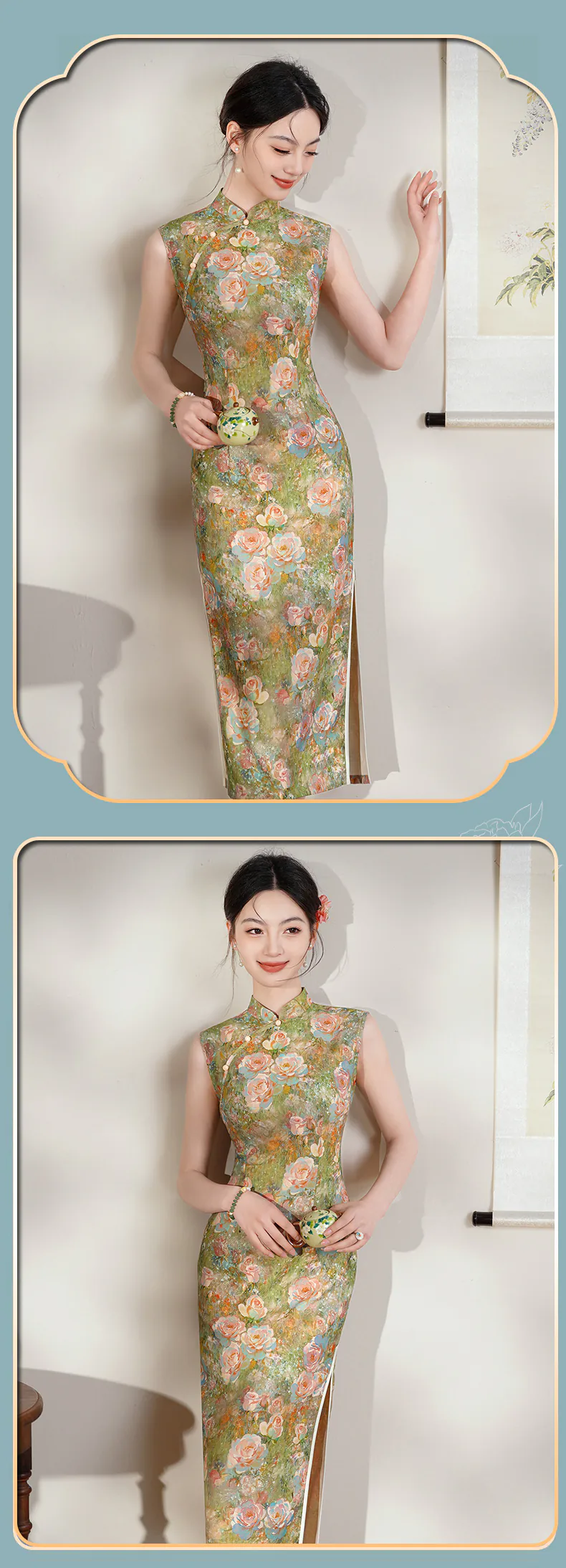 Classic-Oriental-Oil-Painting-Floral-Sleeveless-Mandarin-Collar-Qipao-Dress10