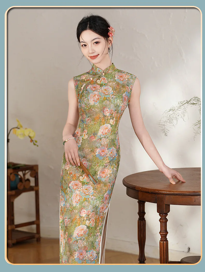 Classic-Oriental-Oil-Painting-Floral-Sleeveless-Mandarin-Collar-Qipao-Dress11