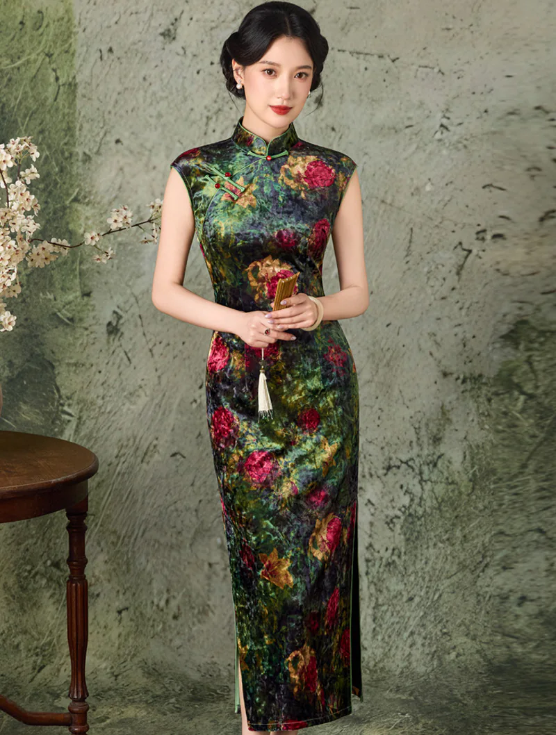 Emerald Oil Painting Botanical Floral Velvet Bodycon Oriental Qipao Dress01