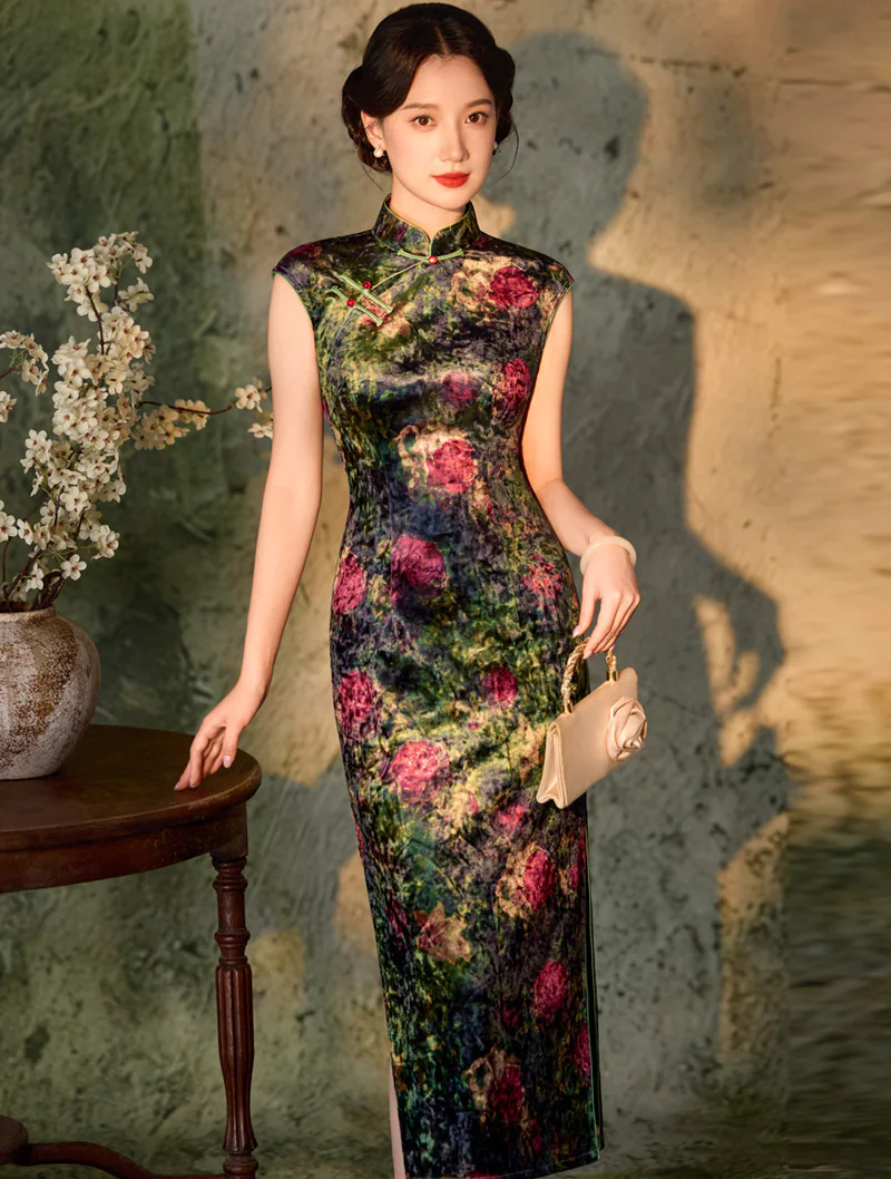Emerald Oil Painting Botanical Floral Velvet Bodycon Oriental Qipao Dress02