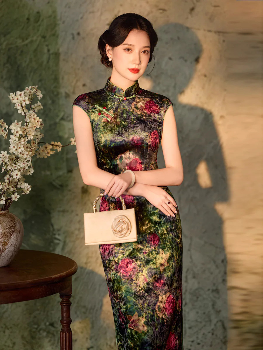 Emerald-Oil-Painting-Botanical-Floral-Velvet-Bodycon-Oriental-Qipao-Dress07