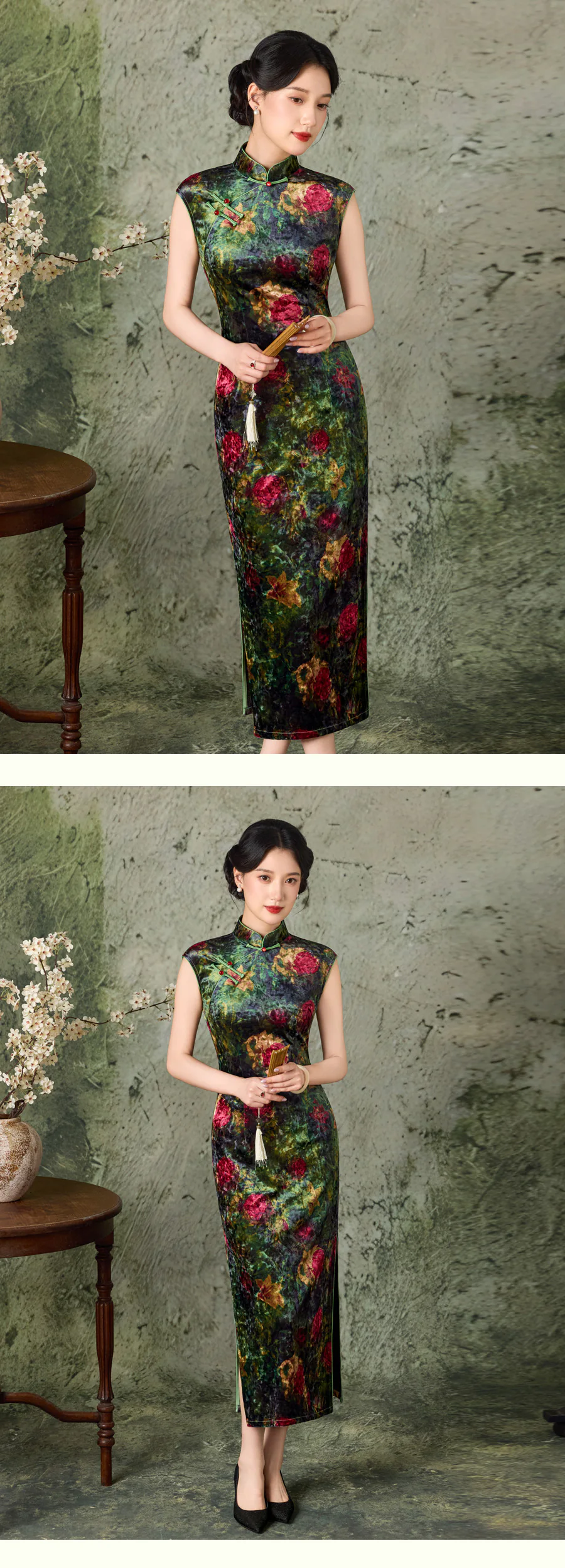 Emerald-Oil-Painting-Botanical-Floral-Velvet-Bodycon-Oriental-Qipao-Dress09