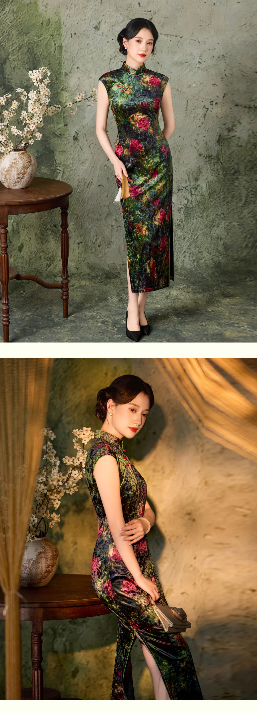 Emerald-Oil-Painting-Botanical-Floral-Velvet-Bodycon-Oriental-Qipao-Dress10